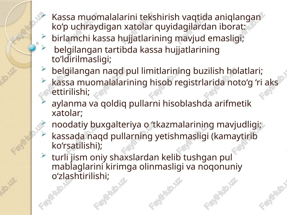 ning ishtirokchilari (muassislari)ning qonuniy huquq va manfaatlari saqlanishining tahlili; - korporativ boshqaruv sohasida qonunchilikning buzilishi holatlari (ta’sis hujjatlarini saqlash, korxona boshqaruv organlarining umumiy yig‘ilishlarini o ‘tkazish, dividendlaring to‘g ‘ri ajratilishi va to‘lovlarning o‘z vaqtidaligi kabilar) tahlili; d) korxonaning moliyaviy hisoboti holatini tekshirish natijalari haqida hisobot quyidagilami o‘z ichiga olishi lozim: - buxgalteriya hisobini yuritish va moliyaviy hisobotlarni tuzishning o ‘m atilgan qoidalarga amal qilinganligini baholash; - buxgalteriya hisobini yuritish va moliyaviy hisobotlarni tuzishda aniqlangan qoidalami buzish holatlarini tavsiflash; e) soliq va boshqa majburiy totovlarni hisoblash va to‘lashning to‘g‘riiigini tekshirish natijalari quyidagilam i o ‘z ichiga olishi kerak: - soliqlar va boshqa majburiy to‘lovlami byudjet va davlat maqsadli fondlariga o ‘z vaqtida to‘langanligi va ularga tegishli hisobotlarni o‘z muddatida taqdim etilganligini baholash; - soliq va boshqa majburiy to‘lovlarni hisoblab chiqishning o ‘rnatilgan qoidalarini buzish va soliqqa tortiladigan bazani belgilashda yo‘l qo‘yilgan kamchiliklar mazmunini tavsiflash; f) korxona tomonidan moliya-xo‘jalik muomalalarini tekshirish natijalari …