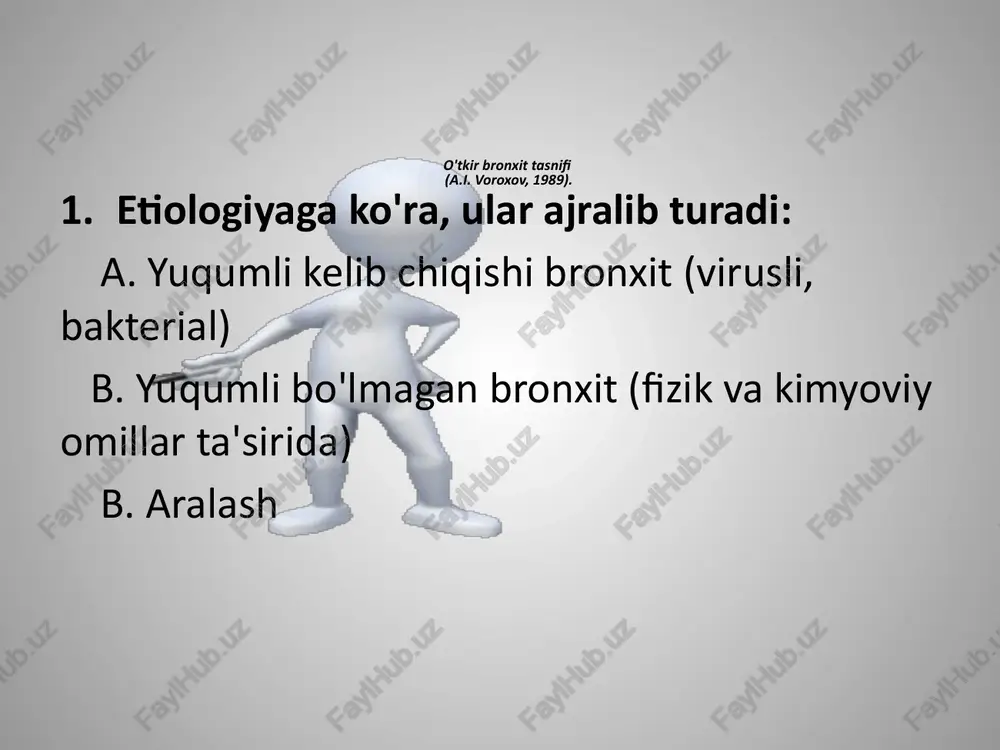 bahorda sodir bo'ladi. surunkali bronxitning rivojlanishida infektsion omil ikkinchi darajali rol o'ynaydi. bular. infektsiya kuchayadi. bu viruslar bo'lishi mumkin. surunkali bronxitning rivojlanishiga ta'sir qiluvchi omillar: surunkali tonzillit rinit sinusit tishlar burundan nafas olishning buzilishi (burun polipozisi va boshqalar) spirtli ichimliklarni suiste'mol qilish surunkali buyrak etishmovchiligi. klassifikatsiya xronicheskix bronxitov 1. bronxda yallig'lanish jarayonining tabiati: - oddiy (kataral) bronxit - yiringli bronxit - mukopurulent bronxit - gemorragik bronxit - fibrinoz bronxit (fibringa boy bo'lgan juda yopishqoq balg'amni ajratish bilan) 2. funktsional xususiyatlari bo'yicha: - to'siqsiz - obstruktiv (o’sok) 3. bronxial daraxtning shikastlanish darajasiga ko'ra: - katta bronxlarning asosiy shikastlanishi bilan (proksimal bronxit) - kichik bronxlarning asosiy shikastlanishi bilan (distal bronxit). 4. quyi oqim: - yashirin - kamdan -kam uchraydigan alevlenmeler bilan - tez -tez alevlenmeler bilan - doimiy qaytalanish. 5. jarayonning bosqichi bo'yicha: - og'irlashuv - remissiya 6. asoratlar: - o'pka amfizemasi - qon tuflash - nafas etishmovchiligi - surunkali o’pka yurak …