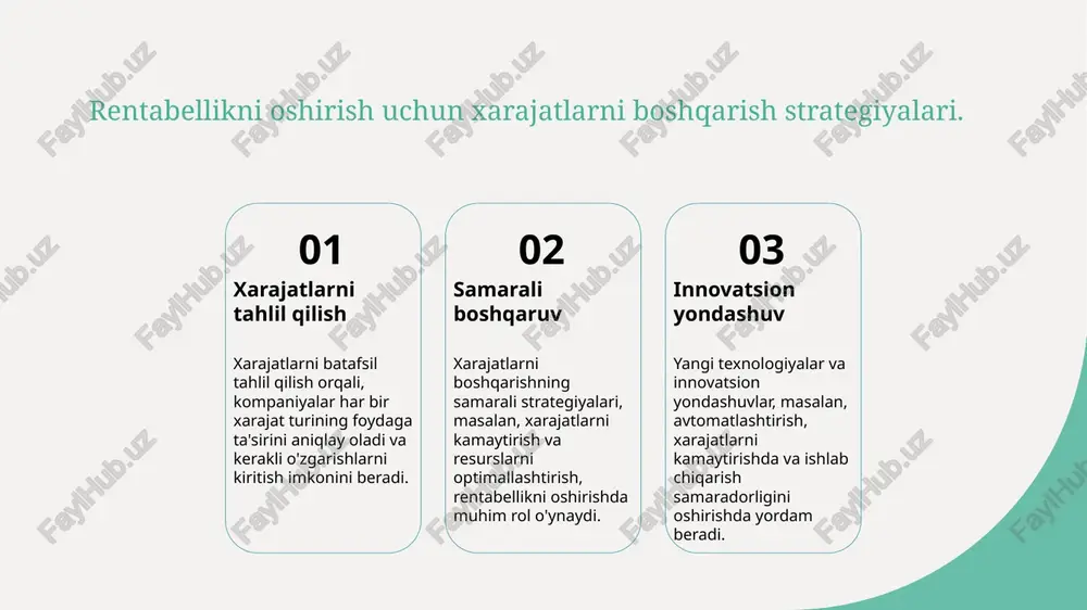iy ko'rsatkichlar iqtisodiy ko'rsatkichlar biznes strategiyalarini shakllantirishda muhim o'rin tutadi. ular xarajatlar, foyda va ishlab chiqarish hajmi o'rtasidagi munosabatlarni ko'rsatadi. 2 qaror qabul qilish iqtisodiy ko'rsatkichlar asosida boshqaruv qarorlarini qabul qilish jarayoni samarali bo'ladi. bu ko'rsatkichlar qarorlarning riskini baholashda yordam beradi. 3 rentabellikni baholash iqtisodiy ko'rsatkichlar rentabellikni baholashda asosiy rol o'ynaydi. ular ishlab chiqarish jarayonining samaradorligini aniqlash va rentabellikni oshirishga yordam beradi. 4 strategik rejalashtirish iqtisodiy ko'rsatkichlar strategik rejalashtirish jarayonida qo'llaniladi. ular resurslarni taqsimlash va uzoq muddatli maqsadlarni belgilashda ko'maklashadi. xulosa 1 xarajatlar va foyda o'rtasidagi muvozanat - xarajatlar va foyda o'rtasidagi muvozanat, strategik qarorlar qabul qilishda muhim ahamiyatga ega bo'lib, rentabellikni oshirishga xizmat qiladi. 2 ishlab chiqarish hajmini optimallashtirish - ishlab chiqarish hajmini optimallashtirish, xarajatlarni kamaytirish va foydani oshirish uchun zarur, bu esa raqobatbardosh ustunlik yaratadi. 3 strategik rejalashtirish va ko'rsatkichlar - strategik rejalashtirishda iqtisodiy ko'rsatkichlar, xarajatlar va foyda o'rtasidagi bog'lanishlarni aniqlashda yordam beradi, bu esa muvaffaqiyatli qarorlar qabul …