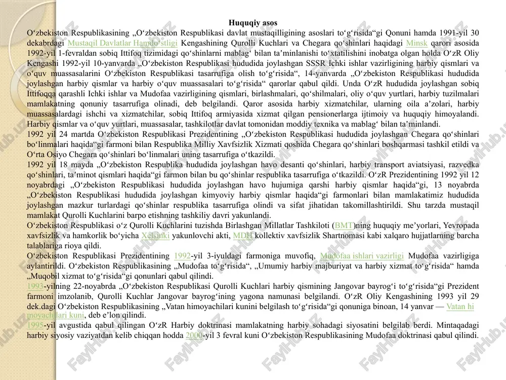 kasi qurolli kuchlari tarkibiga quruqlikdagi qoʻshinlar, havo hujumidan mudofaa qoʻshinlari va harbiy havo kuchlari, maxsus qoʻshinlar, chegara va ichki qoʻshinlar, milliy xavfsizlik, favqulodda vaziyatlar vazirligi va boshqa vazirliklar va muassasalarga qarashli harbiy boʻlimlar kiradi. oʻzbekiston respublikasi qurolli kuchlarining mxx, chegara qoʻshinlari va ichki ishlar vazirligi qoʻshilarining vazifalari. quruqlikdagi qo’shinlar qurolli kuchlarning eng ko’p sonli xillaridan biri bo’lib, boshqa qo’shin xillari va turlari bilan o’zaro harakatda o’zbekistonga nisbatan qilingan, qayerdan bo’lishidan qat’iy nazar, tajovuzni qaytarishga oid vazifalarni bajarishga mo’ljallangan. quruqlikdagi qo’shinlar tarkibiga moto-o’qchi, tank va artilleriya qismlari, havo hujumidan mudofaa bo’linmalari, tezkor harakat qiluvchi kuchlar qismlari, ta’minot qism va bo’linmalari kiradi. moto-o’qchi qismlar quruqlikdagi qo’shinlarning asosi, ular jangovar tarkibning negizi hisoblanadi. ular yerdagi va havodagi nishonlarni yakson qilish uchun qudratli qurol-aslahalar, tanklar, to’plar va minomyotlar, tankka qarshi boshqariluvchi raketalar, zenit komplekslari va qurilmalari, razvedka va boshqaruvning samarali vositalari bilan ta’minlangan. tank qismlari quriqlikdagi qo’shinlarning zamonaviy jang olib borish sharoitlarida muhim vazifalarni …