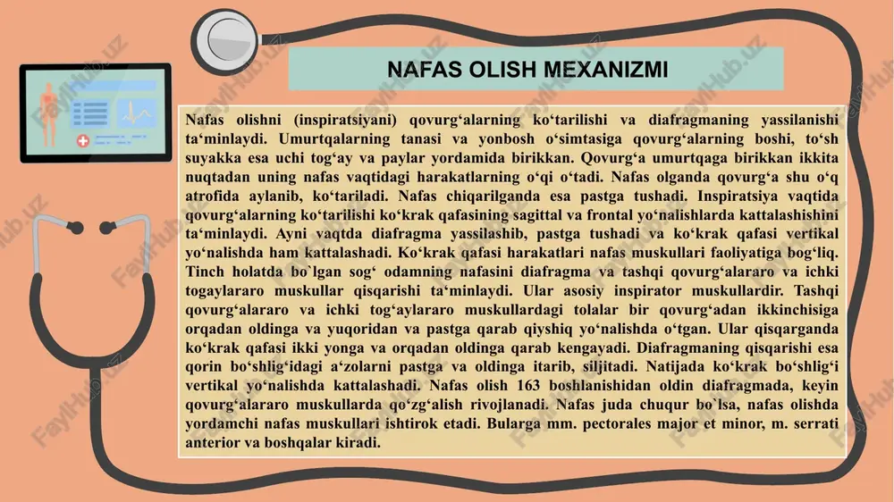 adi va 2000-2500 ml ni tashkil qiladi. tinch nafas chiqarilgandan keyin yana qariyb 1500 ml havoni nafasdan chiqarish mumkin. bu hajm nafas chiqarishning qo‘shimcha hajmi, deyiladi. qo‘shimcha hajmlar mavjudligi zarur bo`lganda nafasning chuqurlashishiga imkon beradi. nafas havosi, nafas olishning qo‘shimcha hajmi va nafas chiqarishning qo‘shimcha hajmlari yig‘indisi o‘pkaning tiriklik sig‘imini (o‘ts) tashkil qiladi. uning hajmi taxminan 4000-4500 ml. bu sig‘imni birdan oichash mumkin. buning uchun odam atmosferadan iloji boricha chuqur nafas olib, havoni o‘pkasidan oxirigacha spirometrga chiqarishi kerak presentation o‘pkaning tiriklik sig‘imi o‘pka va ko‘krak qafasining kengayish qobiliyati ko‘rsatkichi hisoblanadi. ko‘rsatkich miqdori o‘zgaruvchan bo`lib, odamning yoshi, jinsi, tananing katta-kichikligi, fazodagi holati va jismoniy ish bajarishga moslashishga bog‘liq. o‘ts odamning yoshi 40 dan oshgandan keyin sezilarli darajada kamayadi. ayollarda o‘ts erkaklardagi ko‘rsatkichdan 25% kam. odam tik turganda o‘ts yotgandagiga qaraganda ko‘proq. mashq qilganlarda o‘ts jismoniy ish bilan shug‘ullanmaganlarnikidan ko‘proq bo`ladi. oxirigacha nafas chiqarilgandan keyin ham o‘pkada 1000-1500 ml havo qoladi. u …