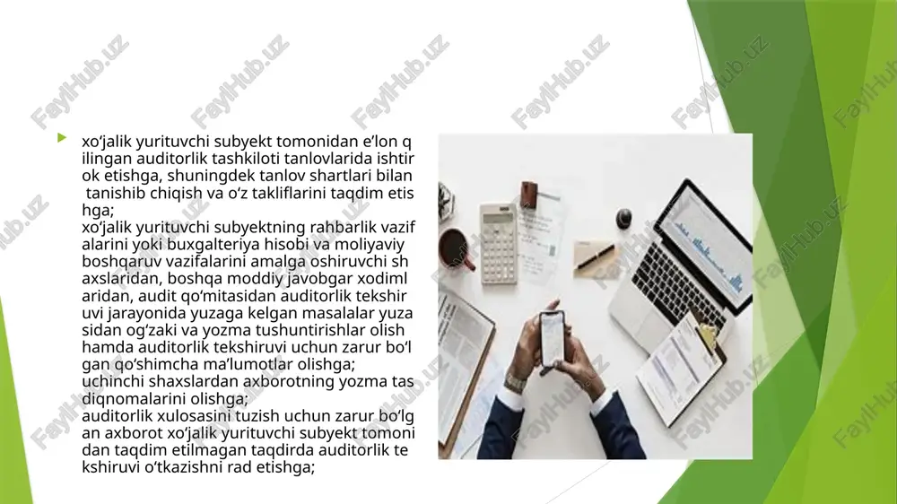 shqa foydalanuvchilar oldida ularga moliyaviy hisobotlar hamda xo‘jalik yurituvchi subyektning boshqa moliyaviy axboroti to‘g‘risidagi noto‘g‘ri yakunni o‘z ichiga olgan auditorlik xulosasini tuzish oqibatida yetkazilgan zarar uchun javobgar bo‘ladi. jinoiy faoliyatdan olingan daromadlarni legallashtirishga, terrorizmni moliyalashtirishga va ommaviy qirg‘in qurolini tarqatishni moliyalashtirishga qarshi kurashish to‘g‘risidagi qonunchilik talablarini buzganlik uchun auditorlik tashkiloti rahbari qonunda belgilangan tartibda javobgarlikka tortiladi. e’tiboringiz uchun rahmat! image1.jpeg image2.jpeg image3.jpeg image4.jpeg image5.jpeg image6.jpeg image7.jpeg image8.jpeg image9.jpeg image10.jpeg image11.jpeg /docprops/thumbnail.jpeg