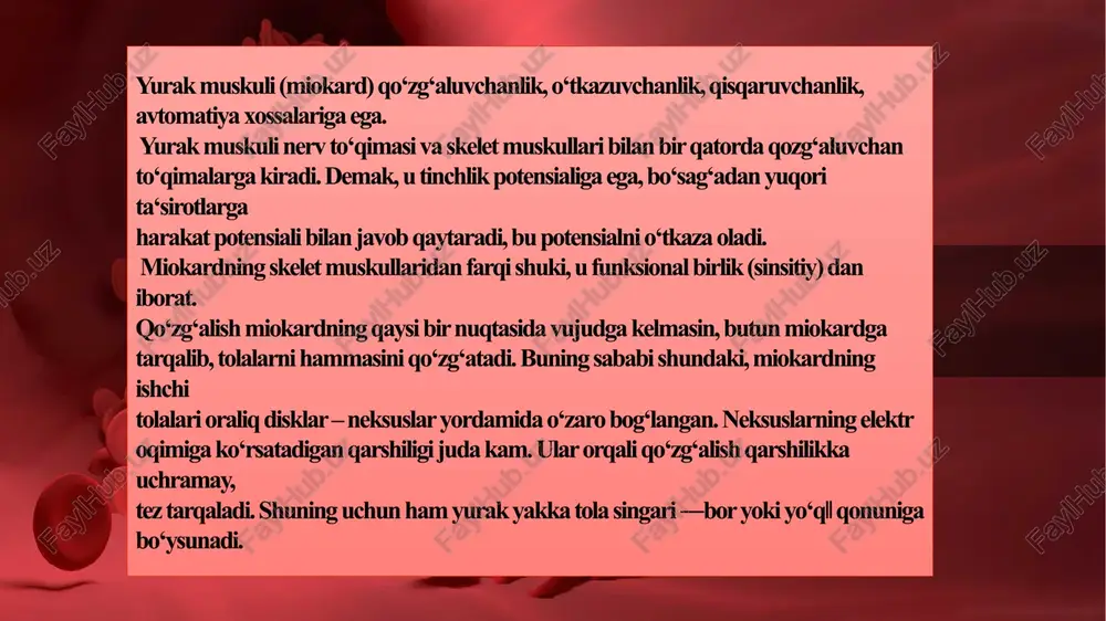 bosimi, deb ataladi puls bosimi yurakka yaqin arteriyalarda eng yuqori. yurakdan uzoqlashgan sari puls bosimi pasaya boradi, ya'ni sistolik va diastolik bosimlar orasidagi farq asta-sekin kamayadi. arteriola va kapillyarlarda qon bosimining puls to'lqinlari yo'q. ularda bosim turg'un bo'ladi, sistola va diastola vaqtida o'zgarmaydi. sistolik, diastolik va puls bosimidan tashqari, o'rtacha bosim ham tafovut qilinadi. o'rtacha bosim maksimal bosim bilan minimal bosim orasidagi miqdor bo'lib, qonning uzluksiz harakat energiyasini ifodalaydi. 2. aortaning ko'krak qafasidagi va qorin bo'shlig'idagi sohalarida bosim sal kamayadi. arteriyalarning oxirgi tarmoqlarida va arteriolalarda esa qon bosimi keskin pasayadi va arteriolalarning oxirida 30-35 mm s.u. ni tashkil qiladi. qon bosimining egri chizig'ida puls to'lqinlaridan tashqari, nafas harakatlariga bog'liq bo'lgan ikkinchi tartibdagi to'lqinlar ham kuzatiladi. shuning uchun ularni nafas to'lqinlari deyiladi. nafas olganda bosim pasayadi, nafas chiqarganda esa – ko'tariladi. qon bosimining egri chizig'ida ba'zan uchinchi tartibdagi to'lqinlarni kuzatish mumkin. ularning kelib chiqishi uzunchoq miyadagi tomirlarni harakatlantiruvchi markaz tonusining o'zgarishiga …
