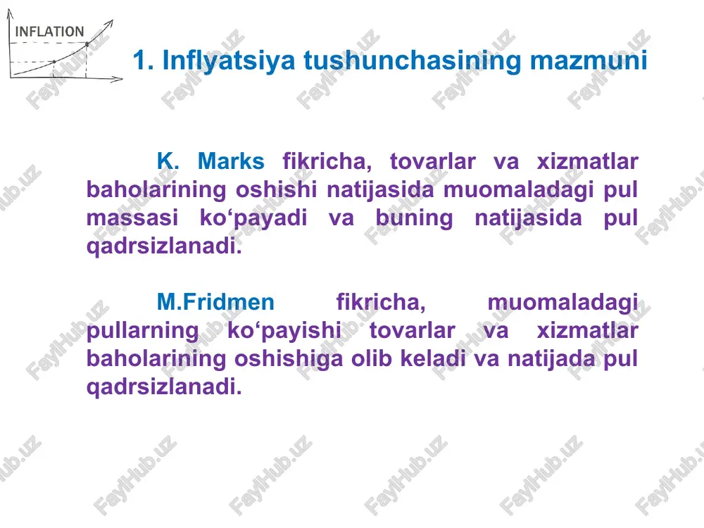 ,75 foizli punktga pasayishiga olib keladi. bunda davlat byudjeti defisiti va inflyatsiya o‘rtasidagi sezilarli statistik bog‘liqlik nafaqat yuqori inflyatsiya sharoitida, balki oqilona inflyatsiya sharoitida ham kuzatildi. 3. inflyatsiyaga qarshi kurashish yo‘llari 3. pul massasining past va barqaror sur'atlarda o‘sishini ta'minlash buning uchun markazyi bank pul agregatlaridan birini tanlab olib, uning past va barqaror darajada o‘sishini ta'minlashi kerak. hozirig kunda yevropa markaziy banki m3 pul agregatini, aqsh, rossiya, qozog‘iston va o‘zbekiston markaziy banklari m2 pul agregatini o‘sishini nazorat qiladi. 3. inflyatsiyaga qarshi kurashish yo‘llari 4. tovarlar ishlab chiqarish hajmini qisqarishiga yo‘l qo‘ymaslik tovarlar ishlab chiqarish hajmining qisqarishi tovarlar defisitini yuzaga keltiradi va buning natijasida tovarlarning baholari oshadi. 3. inflyatsiyaga qarshi kurashish yo‘llari 5. ish haqining o‘sishini cheklash ushbu usul boy mamlakatlar bilan qo‘shni bo‘lgan davlatlarda muvaffaqiyatli qo‘llanilgan. masalan, meksikada ushbu usul qo‘llanilganda fuqarolar aqshga ishlashga , polshada qo‘llanilganda fuqarolar germaniyaga ishlashga yoppasiga ketishgan. 3. inflyatsiyaga qarshi kurashish yo‘llari 6. soliq yukining …