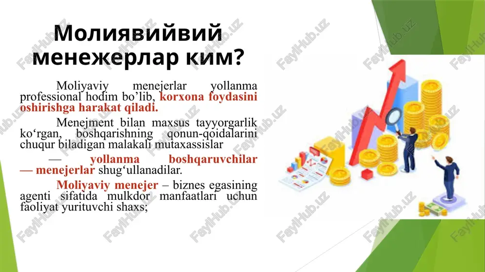 da «buyuk depressiya» inqirozning yuzaga kelishi o‘z navbatida ko‘plab davlatlarni ham befarq qoldirmadi. 1930-yillarga kelib moliyaviy menejmentning dastlabki nazariyalari vujudga kela boshladi. shu tariqa, moliyaviy menejmentning mustaqil fan sifatida shakllanishiga xizmat qilgan muhim nazariya va modellar paydo bo‘ldi. menejment nazariyasi va amaliyoti evolyusiyasi turli xil qarashlarda oʻz ifodasini topdi. masalan, xx asrning 50—60-yillarida asosiy eʼtibor boshqarishning tashkiliy tuzilishiga qaratilgan boʻlsa, 60—70-yillarda strategik rejalashtirishdan strategik boshqarishga oʻtish davri boʻldi. moliyaviy menejment faniga doir ko‘plab tadqiqotlar olib borgan mashhur amerikalik iqtisodchi olimlar stiven ross (stephen a.ross), rendolf westerfild (randolph w.westerfield) va bredford djordonlarning (bradford d.jordan) fikricha moliyaviy menejerlar kompaniyaning uchta asosiy yo‘nalishi bo‘yicha mas’uliyatni o‘z zimmalariga olishi lozim. birinchisi, kapital qo‘yilmalarni moliyalashtirish (byudjetini ishlab chiqish), ya’ni kompaniyaning uzoq muddatli kapital qo‘yilmalarini rejalashtirish va boshqarish. ikkinchisi, kompaniya kapitalini tarkibiy tuzilishi, ya’ni kompaniyaning uzoq muddatli kapital qo‘yilmalarini moliyalashtirish uchun zaruriy ta’minot manbalarini aniqlash va boshqarish. uchinchisi aylanma kapital, ya’ni kompaniyaning faoliyati muntazamligini va ishlab …
