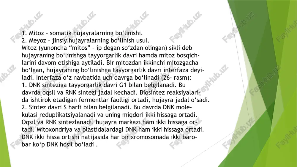 nuvi davomida xromosomalar sonining doimiyligi o‘zgarmay- di. meyozda gomologik xromosomalarning juda ko‘p xilma-xil va- riantlari amalga oshadi. meyoz jarayonida xromosomalar kon’yu- gatsiyalashib, o‘xshash qismlari bilan almashinishi (krossingover) natijasida irsiy axborotning yangi to‘plami hosil bo‘ladi. image1.jpg image2.jpg image3.jpg image4.jpg image5.jpg image6.jpg image7.jpg /docprops/thumbnail.jpeg