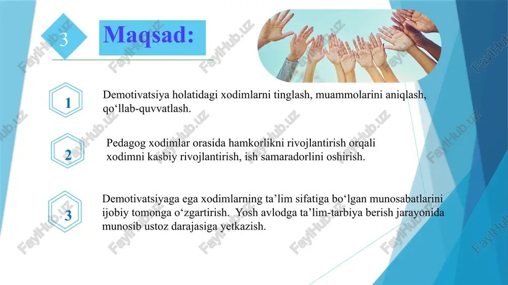 lozim. shu boisdan ham demotivatsiyaga uchragan xodimlarni ish samaradorligini oshirish dolzarb hisoblanadi. menejerning maqsadi jamoadagi liderlar ishtirokida xodimni demotivasiyaga tushish holatini oldini olish chora - tadbirini tuzib, mustaqil qaror qabul qilish. ta’lim jarayoni va jamoani bu virusdan saqlash, xodimni huquqiy savodxonligini oshirish va kasbiy mas’uliyatini kuchaytirish hamda maktab,oila va pedagog uzviylik munosabatini shakillantirish orqali gender tenglikni va milliy qadriyatlarimizni saqlab qolishdir. xulosa 7 1. har chorak yig’ilishlarida yuqori natijaga erishgan xodimlarga sovg’alar va rag’batlar tashkil etish. 2. qiziqarli tadbirlar va davra suhbatlar tashkil etish va ilhomlantirish. 3. mavsumiy sayohatlar tashkil qilish yaxshi natija ko’rsatgan xodimlarning 3 nafarini imtiyoz bilan sayohatga olib borish. 4. maktabda qo‘shimcha ish o‘rinlari tashkil etish moddiy tomonlama qo‘llab- quvvatlash. mavzu yuzasidan takliflar 8 e‘tiboringiz uchun rahmat ! image1.jpeg image2.jpeg image3.jpeg image4.jpeg image6.jpeg image7.jpeg image8.jpeg image9.png image5.png image10.jpeg image11.jpeg image12.jpeg image13.jpeg image14.jpeg image15.png image16.png image17.png mockups design /docprops/thumbnail.jpeg