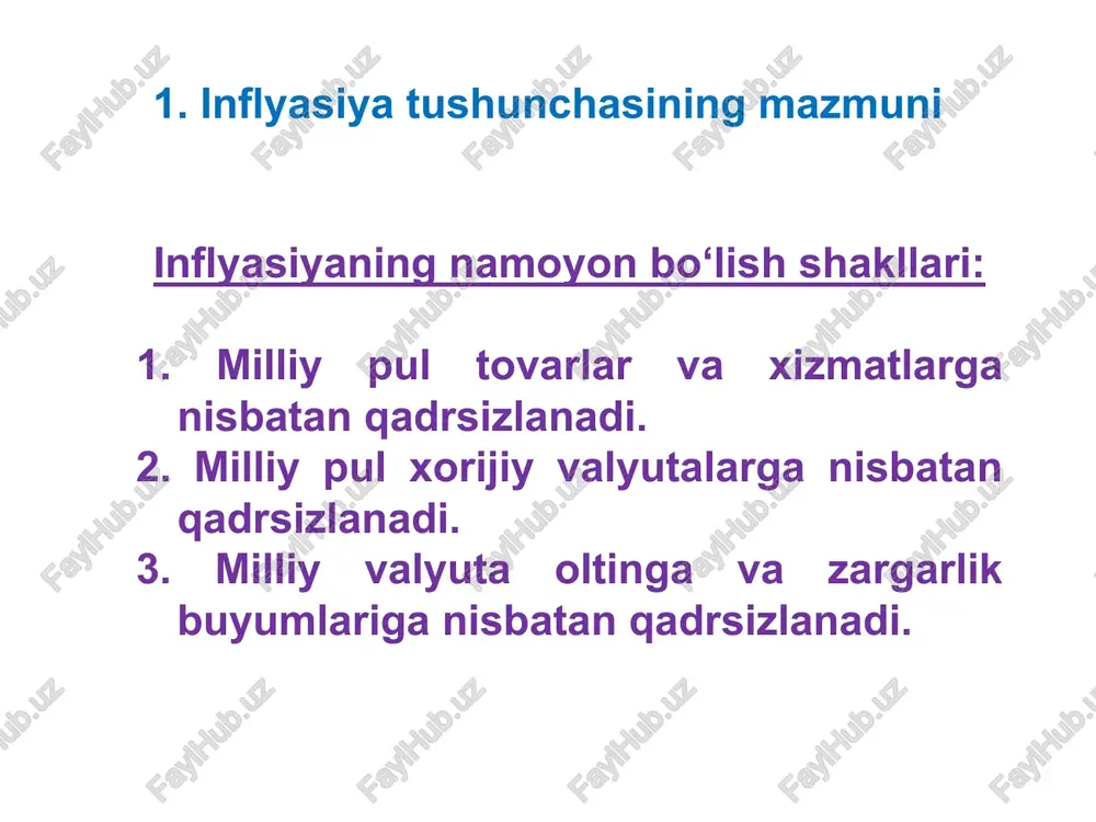 qarshi kurashish yo‘llari 4. tovarlar ishlab chiqarish hajmini qisqarishiga yo‘l qo‘ymaslik tovarlar ishlab chiqarish hajmining qisqarishi tovarlar defisitini yuzaga keltiradi va buning natijasida tovarlarning baholari oshadi. 3. inflyasiyaga qarshi kurashish yo‘llari 5. ish haqining o‘sishini cheklash ushbu usul boy mamlakatlar bilan qo‘shni bo‘lgan davlatlarda muvaffaqiyatli qo‘llanilgan. masalan, meksikada ushbu usul qo‘llanilganda fuqarolar aqshga ishlashga , polshada qo‘llanilganda fuqarolar germaniyaga ishlashga yoppasiga ketishgan. 3. inflyasiyaga qarshi kurashish yo‘llari 6. soliq yukining og‘irlashishiga yo‘l qo‘ymaslik soliq yukining og‘irlashishi tovarlar ishlab chiqaruvchi korxonalarni tovarlarning baholarini oshirishga majbur qiladi. buning oqibatida inflyasiya darajasi oshib ketadi. 3. inflyasiyaga qarshi kurashish yo‘llari 7. tabiiy monopoliyalar mahsulotlari va xizmatlarining baholarini o‘sishini cheklash rossiyada 2016 yilda tabiiy monopoliyalar mahsulotlari va xizmatlari baholarining o‘sishini cheklashga muvaffaq bo‘linganligi inflyasiyaning maqsadli ko‘rsatkichiga erishish imkonini berdi. 2016 yilda mazkur baholarning o‘sish sur'ati 1,3 foizni tashkil etdi. image1.png /docprops/thumbnail.jpeg