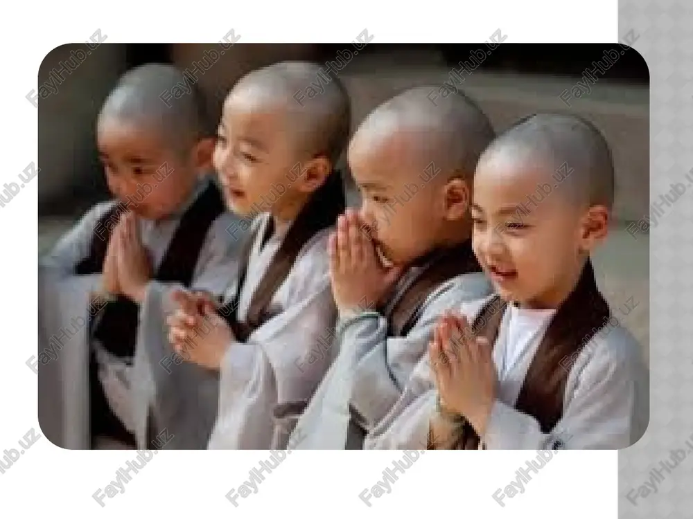 hipatana bog’i- da o’zining 5 rohib do’stlariga qildi va ular buddaning birinchi shogirdlari bo’ldilar. shu kundan boshlab budda o’z shogirdlari bilan qishloqma – qishloq yurib , o’ziga yangi izdoshlar orttiradi. budda 40 yil davomida hindiston- ning turli xil joylarida bo’ladi, odamlarga o’z g’oyalarini yetkazadi, singdi - radi va 80 yoshida kushtnagara degan joyda dunyodan o’tadi. uning jasadi, hind udumiga ko’ra, kuydirilib, xoki 8 ta buddist jamoalariga bo’lib yuborildi va har bir jamoa uni dafn etgan joyida ibodatxona ( stupa ) barpo etdi. buddaning hayoti haqida turli asotirlar paydo bo’ldi. ularda aytilishicha, budda ko’p yillar davomida yer yuzidagi turli mavjudotlar qiyofasida qayta tug’ilgan : 84 marta ruhoniy, 58 marta shoh , 24 marta rohib , 13 marta savdogar , 18 marta maymun, 12 marta tovuq , 8 marta g’oz , 6 marta fil , shuningdek , baliq, qurbaqa, kalamush, quyon qiyofalarida qayta tug’ilgan. u doimo qaerda , qay qiyofada tug’ilishini o’ziga …