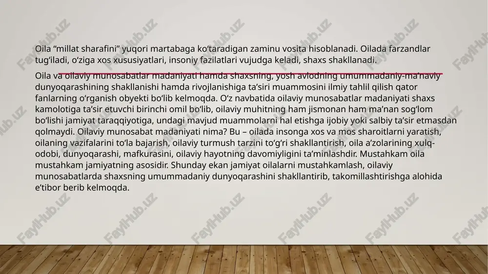 ik davrida oila-nikoh munosabatlarining huquqiy tartibga solinishi masalalarini f. otaxoʻjayev, oʻzbek oilalari maʼnaviyatining tarixiy asoslari, maʼnaviy ruhiyati, anʼanalari, farzandlar tarbiyasi muammolarini istiqlol mafkurasi nuqtai nazaridan o. safarov, m. mahmudovlar tahlil etsalar, oilaning jamiyatda tutgan oʻrni, oilaviy tarbiya, oila aʼzolarining oiladagi oʻrni, oilada milliy va umuminsoniy tarbiya masalalarining pedagogik nuqtai nazardan o. musurmanova, oilaning mohiyati, ota-onalarning bola tarbiyasidagi masʼuliyati, farzandlik burchiga oid baʼzi milliy diniy anʼanalarimizni e. yusupov, yoshlarni oilaviy hayotga tayyorlashga oid masalalarni m. xalmatovalar tahlil qilganlar. oila turlarining demografik, ijtimoiy tuzilishlariga qarab boʻlinishining oʻziga xos xususiyatlari hamda uning oilaviy munosabatlar madaniyatiga taʼsiri mavjud. mamlakatimizda mavjud oilalarning aksariyati toʻliq oilalardir. toʻliq oila deganda ota-ona va farzandlardan iborat oila tushuniladi. bu tipik oilaga xos xususiyatdir. bunday oilalar, oʻz navbatida, patriarxal, nuklear, mezalyanslarga boʻlinadi. oʻzbekistonning oʻziga xos xususiyati yana shundaki, hozirda oʻzbek oilalardagi katta patriarxal oila xoʻjaligi ham saqlanib qolingan. bunda 2-3 avlod xoʻjaligi umumiy boʻlib, ularning iqtisodiy birligining asosi hisoblangan oila …