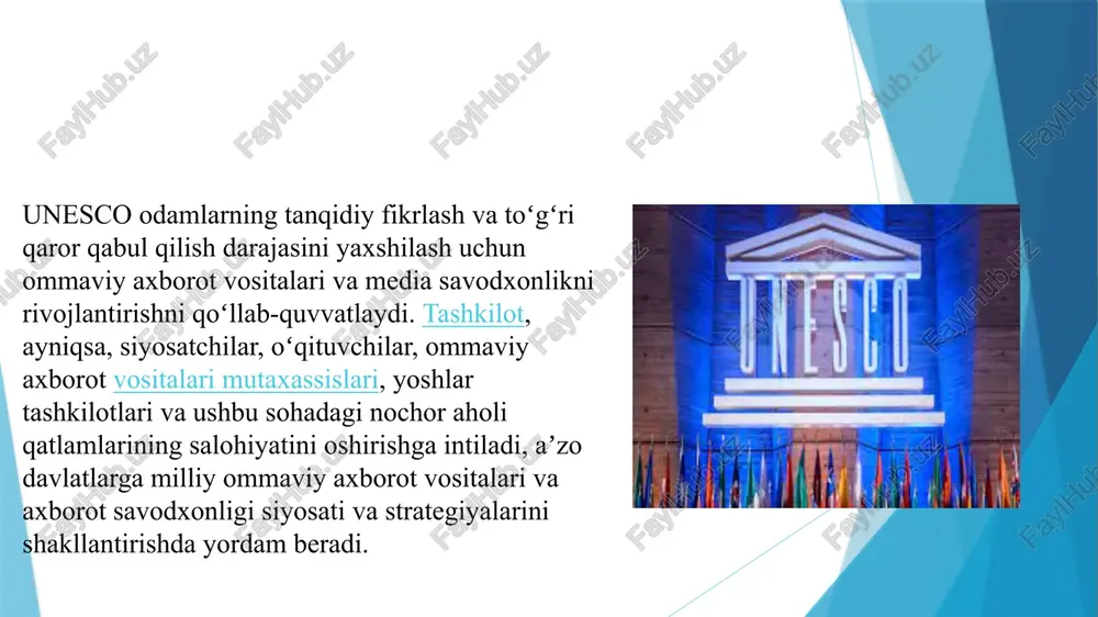a ommaviy axborot vositalari, axborot, akt, ta’lim va ta’lim dasturlarini ishlab chiqish kabi turli xil soxa mutaxassislarining xamkorligida uqituvchilar uchun muljallangan «media va axborot savodxonligi» ta’lim dasturi nashr qilindi. 2008 yildan buyon dastur ishlab chiqilishi davrida ta’lim dasturlarini ishlab chikish strategiyalari va dasturning birinchi variantini tadkik kilish masalalari buyicha mutaxassislardan iborat bir nechta xalkaro maslaxat kengashlari tashkil etildi, dunyoning turli mamlakatlarida media va axborot savodxonligini shakllantirish uchun ishlab chikilgan ta’lim resurslari anikdandi; ta’lim dasturining loyixasi ustida to`rtta mutaxassislar guruxi ish olib bordi; janubiy afrika, lotin amerikasi va karib dengizi xamda janubiy osiyo mamlakatlarida tashkillashtirilgan o`quv seminarlari va konsultatsiyalar davomida sinovdan utkazildi. dasturga sunggi uzgarishlar kiritilib, taxrir kilingach, nashr kilindi. yuneskoning kommunikatsiya va axborot buyicha bosh direktori janob yanis karklinshning aytishicha, bu ta’lim dasturi mazkur soxada yangi suzdir. “chunki birinchidan, bu dastur istikbolga yunaltirilgan bulib, radio, televideniye, internet, gazeta, kitoblar, elektron arxivlar va kutubxonalar umumiy bir platformadagi konvergensiyasining zamonaviy tendensiyalariga tayangan …