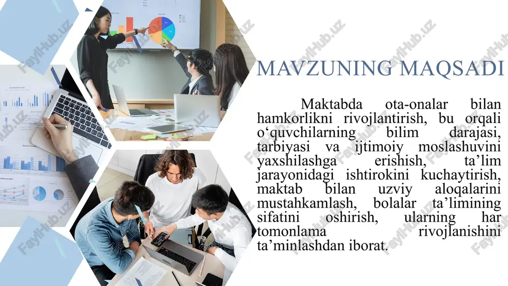 ldirgan. bu biroz yaxshi ko‘rsatkich bo‘lib, bu ota-onalar bolalarining ta’lim jarayonini muntazam ravishda kuzatib borishlariga ishora qiladi. nihoyat, 4,3 foiz respondentlar har kuni maktab bilan aloqa qilishlarini bildirgan. bu raqam juda kichik bo‘lsa-da, ammo ba’zi ota-onalar bolalarining ta’lim va rivojlanishiga juda katta e’tibor qaratayotganlarini ko‘rsatadi. epstein modelining o‘zbekiston tajribasiga moslashtirilgan tahlili parenting (ota-onalik ko‘nikmalarini rivojlantirish) o‘zbekistonda: – maktablar tomonidan o‘tkaziladigan “ota-onalar uchun pedagogik seminarlar”, “ota-onalar maktabi” loyihalari mavjud. – harakat bor, lekin ko‘plab hududlarda bu tizim muntazam emas va metodik yondashuv yetarli emas. communicating (aloqa o‘rnatish) o‘zbekistonda: – deyarli barcha maktablarda sinf rahbarlari va ota-onalar o‘rtasida telegram guruhlari mavjud. – ota-onalar yig‘inlari muntazam o‘tkaziladi, biroq kommunikatsiya ko‘pincha bir tomonlama, ya’ni faqat ma’muriyatdan axborot tarqatish shaklida. volunteering (ko‘ngilli ishtirok) o‘zbekistonda: – ba’zi maktablarda ota-onalar sport musobaqalari, bayram tadbirlarida faol qatnashadi. – ammo ko‘ngilli ishtirok odatda norasmiy va tizimli emas; ko‘pchilik buni majburiyat deb qabul qiladi. learning at home (uyda o‘qishni qo‘llab-quvvatlash) …