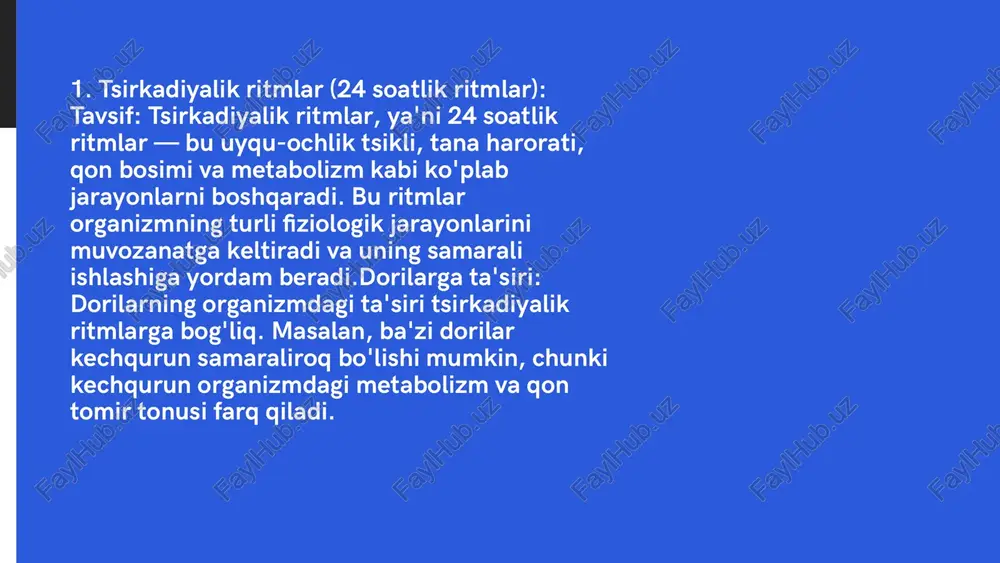 ularning samaradorligini kamaytirishi mumkin. 5. chiqarilish (eliminatsiya): tavsif: dori va uning metabolitlari organizmdan chiqariladi. bu jarayon asosan buyraklar va jigar orqali amalga oshadi. dori metabolitlari, odatda, buyraklar orqali siydik bilan chiqariladi, lekin ba'zi dorilar jigar orqali safro bilan chiqarilishi mumkin.biologik ritmlar bilan bog'liq: buyrak faoliyati, masalan, siydik ishlab chiqarish, kechqurun ko'proq bo'lishi mumkin. bu dorilarning chiqarilish vaqtini hisobga olish muhimdir, chunki ba'zi dorilarni kechqurun qabul qilish buyraklar orqali tezroq chiqarilishi mumkin. 6. dori va biologik ritmlarga moslashtirish: dori vositalarining samaradorligini oshirish va yon ta'sirlarni kamaytirish uchun biologik ritmlar bilan moslashtirilgan dori rejalarini yaratish mumkin. masalan:gipertoniya va antihipertenziv dorilar: gipertenziv dorilarni kechqurun yoki tunning boshida qabul qilish qon bosimini pastlashtirishga yordam berishi mumkin, chunki kechqurun qon bosimi tabiiy ravishda yuqori bo'ladi. astma va bronxodilatatorlar: astma dorilarini tongda yoki kechqurun qabul qilish nafas olishni yaxshilashga yordam beradi, chunki bu paytlarda bronxlar torayishi mumkin. uyqusizlik va melatonin: melatonin dorilarini kechqurun qabul qilish uyquni …