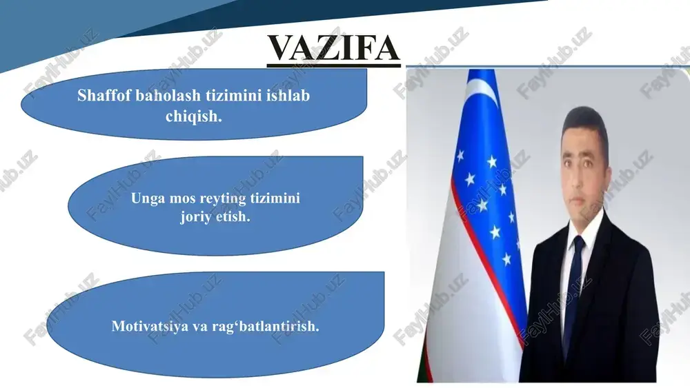 tizimda mavjud muammolarni xorijiy tajribalar asosida hal qilish, aniq baholash mezonlari va elektron tizimlarni joriy etish orqali o‘qituvchilarning samaradorligini oshirish mumkin. e’tiboringiz uchun rahmat! abc22022020 sjorayev148@gmail.com +998915802810 image3.emf image4.emf image1.png image2.png xxxl.webp xxxl.webp image5.jpeg image6.jpeg image7.png image8.svg image9.png image10.jpeg image11.png image12.jpeg image13.jpeg image14.png image15.jpeg image16.jpeg image17.png image18.png image19.png image20.png image21.jpeg image22.jpeg image23.jpeg xxxl.webp xxxl.webp /docprops/thumbnail.jpeg