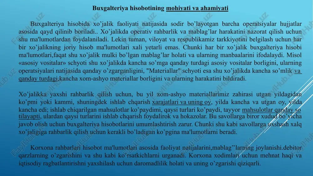 i shakllarni (formalarni) o’z ichiga oladi. 1-shakl-«buxgalteriya balansi»; 2-shakl-«moliyaviy natijalar to’q’risida hisobot»; 3-shakl-yaasosiy vositalar harakati to’q’risida hisobot»; 4-shakl-«pul okimlari to’q’risida hisobot»; 5-shakl-«xususiy kapital to’q’risida hisobot»; izohlar.hisob-kitoblar va tushuntirishlar. buxgalteriya balansi ma'lum bir sanaga, hisobotning boshqa shakllari esa ma'lum bir davr uchun to’ziladi. korxonada bo’lgan mablag’lar harakati buxgalteriya hisobining schyotlarida qayd etilgan bo’lib.har oyda schyotlarning oborotlari hisoblanib oy oxiriga qoldiqlari chiqariladi. mablag’lar harakatining to’q’riligini bilish maqsadida sintetik schyotlar oborotlari analitik schyotlardagi ma'lumotlari bilan taqqoslanadi. har bir schyot qoldiqlari tekshirib chiqilgandan keyin bu ma'lumotlar asosida sintetik va analitik hisob oborot qaydnomalari to’ziladi va ular ma'lumotnomalariga asosan buxgalteriya balansi to’ziladi. buxgalteriya balansining 1-shakli «buxgalteriya balnsi» to’q’risida buxgalteriya balansi mavzusida yoritilgan. moliyaviy natijalar to’q’risida hisobot (№ 2-shakl) da:ishlab chiqarilgan va sotilgan mahsulotlardan olingan yalpi tushum.bu mahsulotlar tannarxi, mahsulotlar sotishdan olingan daromad, operatsion daromadlarg davr xarajatlari,moliyaviy faoliyat daromad va xarajatlari, soliq to’laguncha foyda va sof foydalar ko’rsatiladi. bundan tashqari utgan yildagi ko’rsatkichlar ham tahlil qilinadi. …