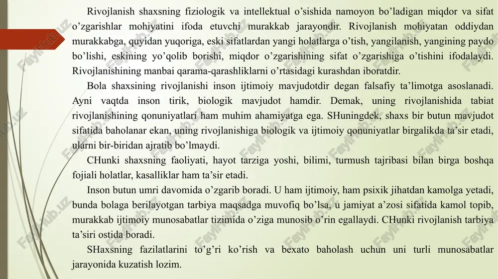 aytda, bolaning ehtiyoji qandayligiga ham bog'liqdir. shaxs ijtimoiy tajribani faol ravishda tahlil qiladi, o'zlashtiradi, o'zi uchun o'zgartiradi-bu jarayon davomida o'zi xam shaxs sifatida shakllanadi. shaxs shakllanib borgan sayin tashqi ta'sirlar, shu jumladan ijtimoiy ta'sirlar ham uning ichki dunyosi, psixologiyasiga qarab turli odamlarga turlicha ta'sir qiladilar. masalan, bir xil baho turli o'quvchilarga turlicha ta'sir qiladi. odam atrofni, ob'ektiv borliqni ko'proq bilgani sari onglilik darajasi o'sadi, fikrlash doirasi kengayadi, yangi bilim va ko'nikmalarni egallaydi, yangi qiziqish va ehtiyojlar vujudga keladi. demak, shaxsning kamolga etishi jamiyat rivojiga chambarchas bog'liqdir. shaxs rivojlanishiga ta’sir etuvchi omillar. fanda, odamning shaxs sifatida rivojlanishiga biologik va ijtimoiy omillarning ta’siri o’rtasidagi munosabatni belgilashga oid munozara ko’pdan buyon davom etmoqda. insonning shaxs sifatida, rivojlanishida ijtimoiy hodisalarning ta’siri kuchli bo’ladimi? yoki tabiiy omillar yetakchi o’rin tutadimi? balki tarbiyaning ta’siri yuqoridir? ular o’rtasidagi o’zaro munosabat qanday? fanda biologik yo’nalish deb nomlangan nuqtai nazar yetakchi o’rinlardan birini egallab, uning vakillari aristotel, platonlar tabiiy-biologik …