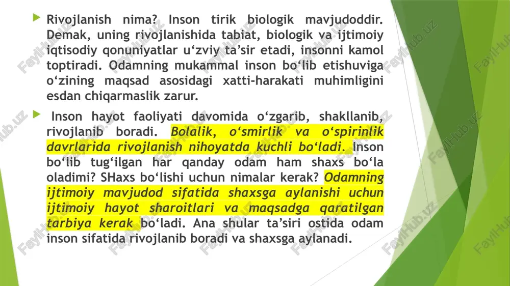 ng kalkuttaning janubiy-qarbidagi midnapur shahri yaqinida bo‘ri uyasidan ikkita bo‘ri bolasi bilan ikkita qizchani topib olgan. ularning biri 7-8 yoshda,ikkinchisi 2 yoshlar chamasida edi. amala (kichigi) bir yildan so‘ng vafot etdi. kamola esa 1930 yilgacha yashadi. odob, axloq, xulqiy sifatlar- shaxsning barcha ruhiy sifatlari faqat muhit va tarbiyaning o‘zaro ta’siri asosida vujudga keladi. shuning uchun irsiyat rivojlanishga ta’sir etadi, ammo hal qiluvchi omil bo‘la olmaydi. ta’lim-tarbiyaning ta’siri. jamiyatning bolalar ongiga ta’sir o‘tkazishi asosan ta’lim-tarbiya orqali amalga oshiriladi. inson kamolotida ta’lim-tarbiya etakchi rol o‘ynaydi. chunki: 1.ta’lim-tarbiya jarayonida kishi organizmining o‘sishi va muhitning stixiyali ta’siri bera olmaydigan narsalarni o‘rganib oladi. masalan, tilni odamlarning ta’sirida o‘rganib olish mumkin. lekin o‘qish, yozishni maxsus ta’lim orqali o‘rganadi. 2. ta’lim-tarbiya yordamida hatto kishining ba’zi tug‘ma kamchiliklari ham kerakli tomonga o‘zgartirish mumkin. (imkoniyati cheklangan kishilar). ta’lim-tarbiya yordamida muhitning salbiy ta’siri natijasida yuz beradigan kamchiliklarini ham tugatish mumkin. (bolalarning karta o‘ynashi, so‘kishi, chekishi). ta’lim-tarbiya natijasida bolada bilimlar, ko‘nikma …
