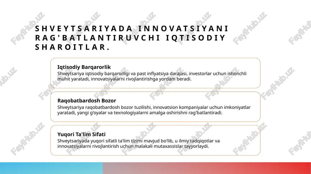 a: shveytsariyada hamkorlik va aloqa. shveytsariyada ijtimoiy muhit innovatsiya jarayonlarini qo'llab-quvvatlaydi. hamkorlik va aloqa, tadqiqot va innovatsiyalarni rivojlantirishda muhim rol o'ynaydi. mahalliy va xalqaro tashkilotlar o'rtasidagi aloqalar, innovatsion g'oyalarni amalga oshirishda yordam beradi. photo by jisca lucia on unsplash innovatsion ekosistemada infratuzilmaning roli: shveytsariyadagi yutuqlar. 01 infratuzilmaning ahamiyati shveytsariyada innovatsion ekosistemada infratuzilma yuqori sifatli tadqiqotlar, texnologiyalar va innovatsiyalarni amalga oshirish uchun muhim poydevor hisoblanadi. 02 transport tizimi shveytsariyaning samarali transport tizimi, yo'llar, temir yo'llar va havo transporti orqali innovatsiyalarni tez tarqatishga yordam beradi, tadqiqotchilarni oson bog'laydi. 03 innovatsion markazlar innovatsion markazlar va laboratoriyalar, masalan, eth zurich, yangi g'oyalarni rivojlantirish va tadqiqotlarni amalga oshirishda muhim rol o'ynaydi. 04 raqamli infratuzilma raqamli infratuzilma, internet va ma'lumotlar almashinuvi imkoniyatlari, shveytsariyada innovatsiyalarni rivojlantirishda tezkor va samarali yechimlarni taqdim etadi. xulosa shveytsariya innovatsiya markazi shveytsariyada innovatsiya muhitini shakllantiruvchi asosiy omillar sifatida iqtisodiy sharoitlar, madaniyat va infratuzilma muhim rol o'ynaydi. davlat siyosatlari va yondashuvlar innovatsiyani rag'batlantirish …