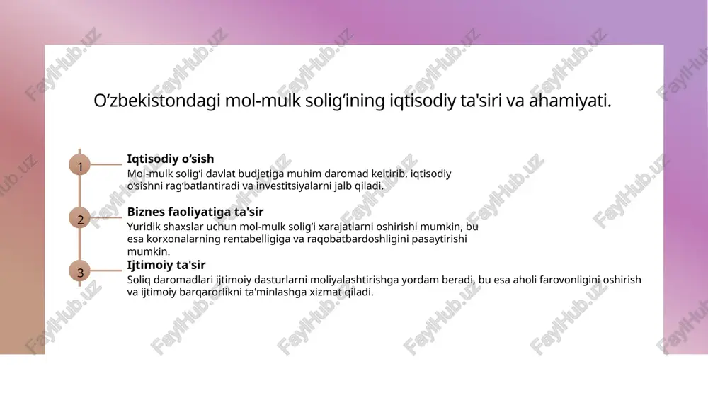 lk soligʻi stavkalari 0.26% dan 1% gacha bo'lib, bu yerda mulkning bahosi asosida belgilanadi. 3 o'zbekiston bilan taqqoslash o'zbekiston mol-mulk soligʻi stavkalari xalqaro tajribaga asoslangan. biroq, mahalliy sharoitda iqtisodiy o'zgarishlar va biznes muhitini hisobga olish zarur. soliq stavkalarining yuridik shaxslar faoliyatiga ta'siri: analiz va misollar. soliq stavkalari yuridik shaxslarning moliyaviy faoliyatiga katta ta'sir ko'rsatadi. ular kompaniyalar uchun xarajatlarni oshirib, investitsiyalarni kamaytirishi mumkin. misol uchun, yuqori soliq stavkalari kichik bizneslarni rivojlantirishda to'siqlar yaratadi. shu bilan birga, soliq imtiyozlari yirik korxonalar uchun raqobatbardoshlikni oshirishi mumkin. photo by kelly sikkema on unsplash yuridik shaxslar uchun mol-mulk solig'ida chegirmalar va imtiyozlar: mavjud imkoniyatlar. 01 chegirmalar turlari yuridik shaxslar uchun mol-mulk solig'ida chegirmalar asosan investitsiyalar, innovatsiyalar va ijtimoiy loyihalar uchun beriladi, bu esa iqtisodiy faoliyatni rag'batlantiradi. 02 imtiyozlar qanday beriladi oʻzbekistonda yuridik shaxslar uchun soliq imtiyozlari, muayyan sanoatlarga yoki hududlarga qaratilgan, masalan, kichik biznes va qishloq xo'jaligiga yordam beradi. 03 amaliyotdagi misollar misol uchun, oʻzbekistonda …