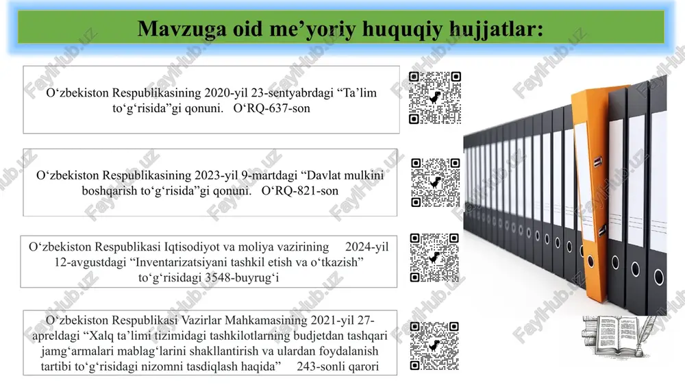 oshirish kerak. tavsiya: o‘quv yili davomida sinflar o‘rtasida “maktab jihozlarini asrashda namuna bo‘lgan sinf” tanlovini o‘tkazish. davlat budjeti cheklanganligi sababli, byudjetdan tashqari mablag‘lar hisobidan maktab mulkini boyitish choralarini ko‘rish. (homiyliklar, open budjet, xorijiy tillarni o‘qitish bo‘yicha eng yaxshi maktab, byudjetdan tashqari mablag‘lar kiritish (243 va 343 qarorlar asosida)) maktabning mulki va uni nazorat qilishda elektron bazalardan foydalanish kerak. bunda maktab mulki qr-kodlar orqali ularni identifikatsiya qilinadi va holati nazorat qilinadi e’tiboringiz uchun rahmat! 5 5 2 image1.png image2.jpg image3.png image4.png image5.png image6.png image7.jpeg image8.jpeg image9.jpeg image10.png image11.png image12.jpeg image13.png image14.png image15.jpeg image16.gif image17.png image18.jpeg image19.gif image20.gif image21.gif image22.jpeg image23.jpeg image24.jpeg image25.png image26.png image27.jpeg /docprops/thumbnail.jpeg