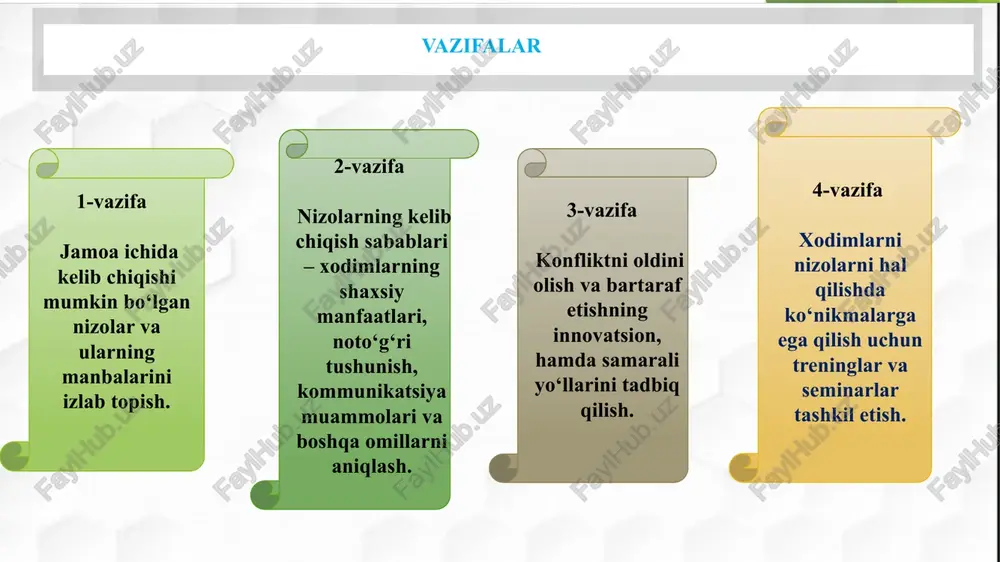 ikr bildirish. maktab direktori,o‘ibdo‘,mmibdo‘, pedagoglar o‘quv yili davomida. xodimlarning tashabbusi va motivatsiyasi ortadi, yangiliklarga bo‘lgan qarashlar o‘zgaradi. chora-tadbirlar rejasi: xulosa: xulosa sifatida aytish mumkinki, jamoa o‘rtasidagi nizolarni oldini olish va bartaraf etish muhim vazifa hisoblanadi. 1.nizolarning oldini olish uchun profilaktika choralarini ko‘rish: ochiq muloqotni ta'minlash, ishonch muhitini yaratish va hamkorlikka e’tibor qaratish. 2. nizolarni bartaraf etish uchun adolatli va konstruktiv yechimlar taklif qilish: nizo sabablarini tushunish, tomonlar manfaatlarini ko‘zda tutish va barcha uchun maqbul qaror qabul qilish. 3. kelajak uchun saboq olish va yaxshi munosabatlar qurish: bunday nizolarni kelajakda oldini olishga qaratilgan samarali strategiyalar ishlab chiqish. 4.jamoa ichida barqarorlik va hamjihatlikni ta'minlash nafaqat samaradorlikni oshiradi, balki sog‘lom ish muhitini yaratadi. tavsiyalar: har bir maktabda mediatsiya markazlari ochish. -psixologik yordam chizigʻi (anonim maslahat) - oʻquvchilar boʻyicha treninglar oʻtkazish. -ota-onalar maktabi loyihasini kengaytirish. nizolarni boshqarish bo‘yicha maxsus o‘quv dasturlari va seminarlar tashkil etish. mediatorlik tizimini joriy etish orqali nizolarni tez va samarali …