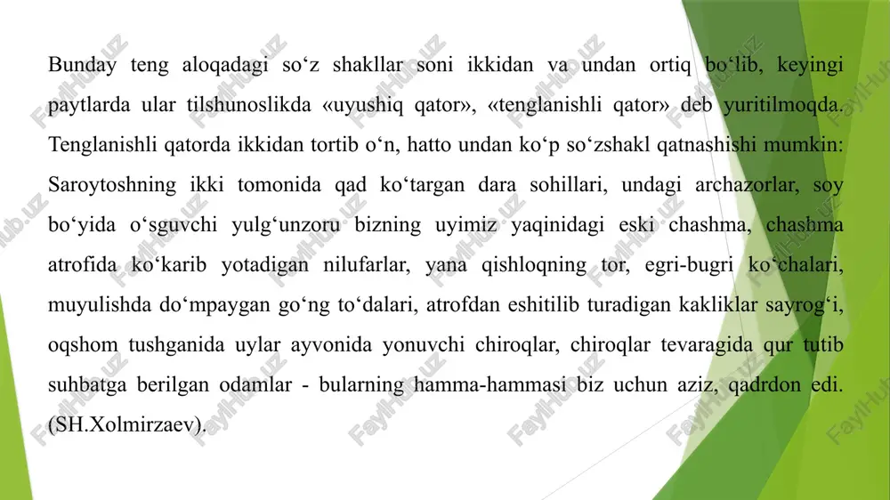viloyatlarida bo'lsangiz, 500-600 yillik chinorlarni ko'rasiz. (a.aminov). u doktorlarga goh zug‘um qilib, goh yaxshi gapirib statsionardan chiqdi. (s.ahmad). uyushuvchilar o‘zaro va, hamda, bilan biriktiruv bog‘lovchilari orqali, shuningdek, yakka ayiruv bog‘lovchilari yordamida aloqaga kirishganda, ular orasiga vergul qo‘yilmaydi: anhorda suv sokin va ulug‘ vor oqardi. (f.musajonov). salim ota bilan yigitlar mehmonni ... kuzatib tashqariga chiqishdi. (skaromatov). uyushiq bo‘lakli gaplarda umumlashtiruvchi birliklar uyushuvchilardan oldin kelsa, shu birlikdan so‘ng ikki nuqta qo‘yiladi: hamma erda: uylarda, ko‘chalarda ivirsib yotgan xazon yuzi ertalab qirovdan ... oppoq bo‘lib qoladi. (oybek). umumlashtiruvchi birliklar uyushuvchilardan so‘ng kelganda, undan oldin tire qo‘yiladi: kishilar, xotinlar, bolalar - kutib oluvchilar vagon bo‘ylab chopdilar. (r.fayziy). /docprops/thumbnail.jpeg