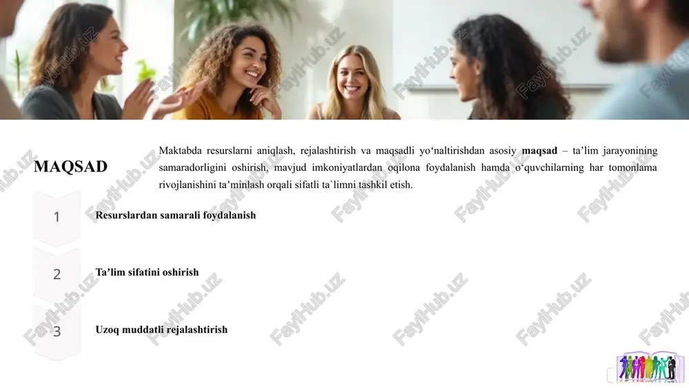 tiyojlardan kelib chiqib aniqlash. inventarizatsiya tizimini joriy etish: har yili moddiy-texnik resurslar, inson resurslari, moliyaviy manbalarni to‘liq ro‘yxatga olishni tizimli shakllantirish. maktabdagi mavjud resurslarni elektron baza (masalan, google sheets yoki maxsus dasturiy ta'minot) orqali yuritish. 2 resurslarni rejalashtirish: resurslarni rejalashtirish bo‘yicha mas’ul guruhlar tashkil qilish (rahbariyat, o‘qituvchilar, ota-onalar vakillari). har bir o‘quv yili boshida o‘qituvchilar va o‘quvchilar ehtiyojlari asosida zarur resurslarni tizimli ravishda rejalashtirish. 3 maqsadli yo'naltirish: dars sifatini oshirish, steam fanlari, raqamli texnologiyalar, inklyuziv ta’limga e’tibor qaratish. adolatli va shaffof taqsimot: resurslarni sinflar, o‘qituvchilar va o‘quvchilar ehtiyojlaridan kelib chiqib, adolatli taqsimlash tizimini yo‘lga qo‘yish. loyihaviy yondashuv asosida taqsimlash: har bir loyihaning maqsadi, natijasi va samaradorligi asosida resurs ajratish. taklif 10 chora-tadbirlar rejasi t/r muammo amalga oshirish mexanizmi ma’sullar muddat natija 1 inventarizatsiyadan o`tkazishning tizimli tashkil etilmaganligi inventarizatsiya tizimini joriy etish: har yili moddiy-texnik resurslar, inson resurslari, moliyaviy manbalar to‘liq ro‘yxatga olinadi. raqamli monitoring tizimi: maktabdagi mavjud resurslarni elektron baza …