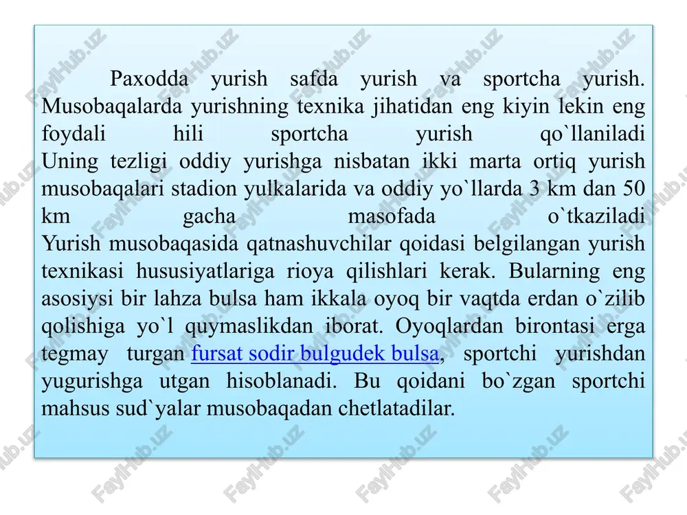 rivoj topgan bulishi va o`z kuchini yig`a bilmoq zarur. uloqtirish bilan shug`ullanish bu muhim fazilatlarni taraqqiy ettiribgina qolmasdan, butun tana musqo`llarining garmonik rivojlanishiga ham yordam beradi. yengil atletik uloqtirishlar ijro usulida qarab uch turga bo`linadi: 1) bosh ortidan boshlab uloqtirish (nayza va granata): 2) aylanib uloqtirish (disk, bosqon): 3) itqitish (yadro). uloqtirish usullarining farqi syanaryadlarning shakli va og`irligiga bogliqdir. yengil, ushlash ung`ay bulgan snaryadlarni to`g`ridan yugurib kelib, bosh ortidan boshlab o`zoqqa uloqtirish mumkin , og`irroq snaryadlarni aylanib uloqtirish ungayroq: maxsus tutqichi bulmagan , og`ir snaryad yadroni esa itqitish ungayroq. ko`pkurash- yugurish, sakrash va uloqtirishning har xil turlari o`z ichiga oladi. kup kurash tarkibidagi turlar miqdoriga qarab nomlanadi: uchkurash, to`rtkurash, beshkurash, oltikurash, sakkizkurash, un kurash kupkurash asosiy turlari: erkaklar uchun – unkurash va ayollar uchun- beshkurash va o`spirinlar uchun – oltikurash va sakkizkurash. musobaqani yengillatish uchun, yengil atletikaning bunday og`ir turlaridan musobaqalar ikki kunda o`tkaziladi. ko`pkurash shug`ullanuvchilar oldiga juda yuqori talablar …