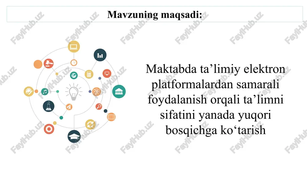anish bo‘yicha seminarlar tashkil etish. 2. o‘quvchilarga raqamli etikadan tortib, xavfsiz onlayn faoliyatgacha bo‘lgan yo‘nalishlarda treninglar o‘tkazish. maktab rahbarlari, metod birlashma rahbarlari va maktab jamoasi har chorakda mediasavodxon zamonaviy pedagog va o`quvchi shakllanadi 2 elektron platformalardan mustaqil o‘qish jarayonlarida keng foydalanish uchun o‘quvchilarda qiziqishlarning pastligi. o‘quv dasturlarini zamonaviy akt va media savodxonlik elementlari bilan boyitish. masalan dars jarayonlarida chatgpt, kahoot, jeopardy dasturlaridan keng foydalanishni tadbiq etish maktab rahbarlari, metod birlashma rahbarlari va fan o‘qituvchilari har chorakda o‘quvchilar dars jarayonlarida ham elektron platformalardan foydalanishga qiziqishadi va o‘z bilimlarini mustaqil rivojlantrish imkoniyatiga ega bo‘lishadi . 3 o‘quvchilarning qiziqishlari va qobilyatlari bir hil emasligi. 1. maktabda har bir o‘quvchi uchun shaxsiylashtirilgan ta’lim yo‘nalishlarini aniqlash 2. elektron platformada individual topshiriqlar berish. sun’iy intellekt asosida o‘quvchining kuchli va zaif tomonlarini aniqlab, shunga mos kontent tavsiya qilish. maktab rahbarlari, metod birlashma rahbarlari, fan o‘qituvchilari, informatika fan o‘qituvchilari. o‘quv yili davomida har bir o‘quvchi uchun shaxsiylashtirilgan ta’lim …