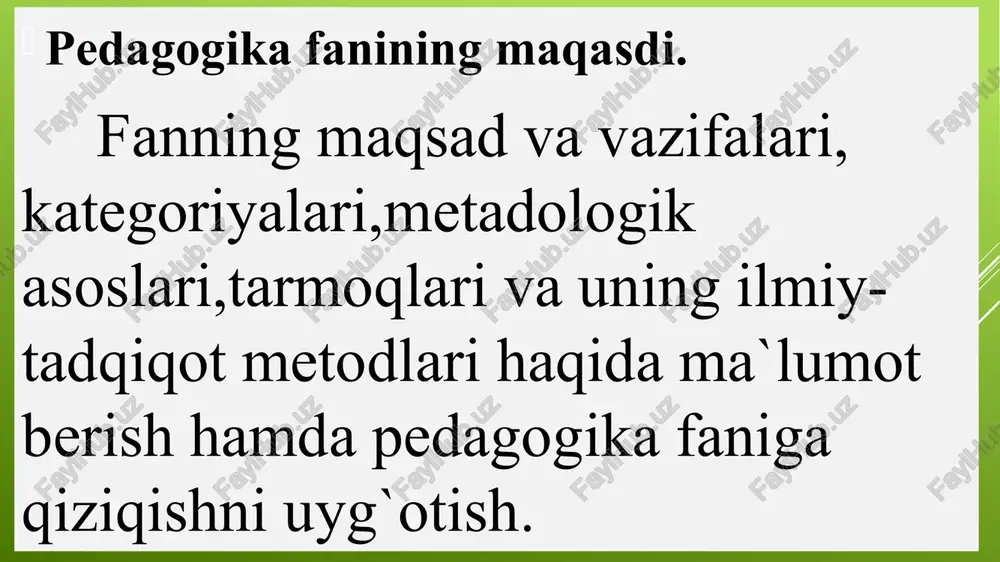 y bilish dasturi taklif qilinadi. muallif fikriga ko’ra, insonni yaxlit falsafiy bilish inson borlig’ining turli jabhalariga nisbatan olingan muayyan ilmiy natijalar bilan birikishi lozim. biologik antropologiya anatomiya, fiziologiya, irq haqidagi ta’limot va shu kabilarga tayanib, insonning qolgan barcha tirik mavjudotlardan farqini uning jismoniy tuzilishi nuqtai nazaridan aniqlaydi. teologik antropologiya inson haqidagi tegishli tasavvurlarni uni xudo yaratgani nuqtai nazaridan shakllantiradi. falsafiy antropologiya esa butunlay boshqa vazifani hal qiladi – u vaziyatga yaxlit yondashadi va fanlararo xususiyatga ega bo’lgan xulosalar chiqaradi. nazorat uchun savollar. 1.pedagogika tushunchasi qanday mazmunni anglatadi? 2.pedagogika faninig asosiy vazifalari? 3.peadogika fanining boshqa fanlar bilan aloqasi? /docprops/thumbnail.jpeg
