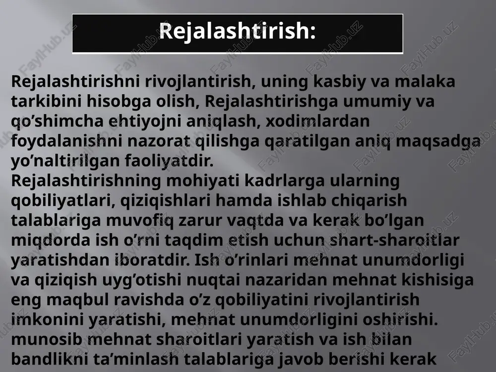 bilan birgalikda alohida qayd qilish lozimki, rejalashtirish jarayonida ikkita muhim bo‘lgan tadbirlar bor 1. dasturlar ishlab chiqish; 2. tegishli byudjetlarni shakllantirish. rejalashtirish natijasida ko‘zda tutilayotgan uzoq muddatli strategik maqsadga erishish uchun bir necha dasturlar ishlab chiqiladi. masalan, stol va stullar ishlab chiqarish va kelgusida uni yuqori miqdorda foyda olib sotish maqsadi belgilanishida, quyidagi dasturlar ishlab chiqilishi maqsadga muvofiqdir: ishlab chiqarishning uskuna va materiallar bilan ta’minoti dasturi; ishlab chiqarishning malakali ishchi kuchi bilan ta’minoti; ishlab chiqilgan mahsulotlarni realizatsiya qilishning optimal dasturi image2.png image3.png /docprops/thumbnail.jpeg