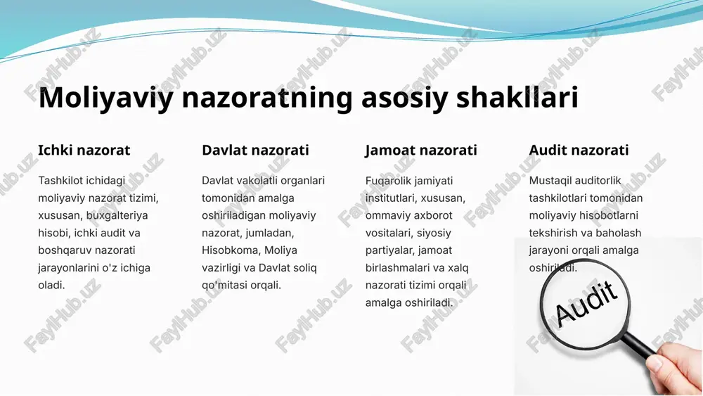 rini rivojlantirish. 2 auditorlik nazoratini kuchaytirish moliyaviy nazorat tizimidagi auditorlik nazoratini kuchaytirish va samaradorligini oshirish. 3 auditorlik xizmatlari bozorini takomillashtirish auditorlik xizmatlari bozorini tartibga soluvchi me'yoriy-huquqiy bazani yanada rivojlantirish. 4 auditorlarning ijtimoiy javobgarligini oshirish auditorlar va auditorlik tashkilotlarining ijtimoiy javobgarligini oshirish va mustahkamlash. 16 foydalanilgan adabiyotlar o'zbekiston respublikasi qonunchilik hujjatlari moliyaviy nazorat, audit va auditorlik faoliyatini tartibga soluvchi o'zbekiston respublikasining qonunlari, hukumat qarorlari va boshqa me'yoriy-huquqiy hujjatlar. ilmiy-nazariy adabiyotlar moliyaviy nazorat, audit va auditorlik faoliyatiga oid turli ilmiy, o'quv va uslubiy nashrlar, monografiyalar, maqolalar. statistik ma'lumotlar auditorlik xizmatlari bozori, auditorlik tashkilotlari, ularning ko'rsatgan xizmatlar va daromadlari haqidagi ma'lumotlar. xalqaro standartlar xalqaro audit standartlari (isa), shuningdek, boshqa xalqaro me'yoriy hujjatlar. 17 image2.png image3.jpeg image4.jpeg image5.png image6.png image7.png image8.png image9.png image10.png image11.png image12.png image13.png image14.png image15.png image16.png image17.png image18.png image19.png image20.png image21.png image22.png image23.png image24.png image25.png image26.png image27.png image28.png image29.png image30.png image31.png image32.png image33.png image34.png