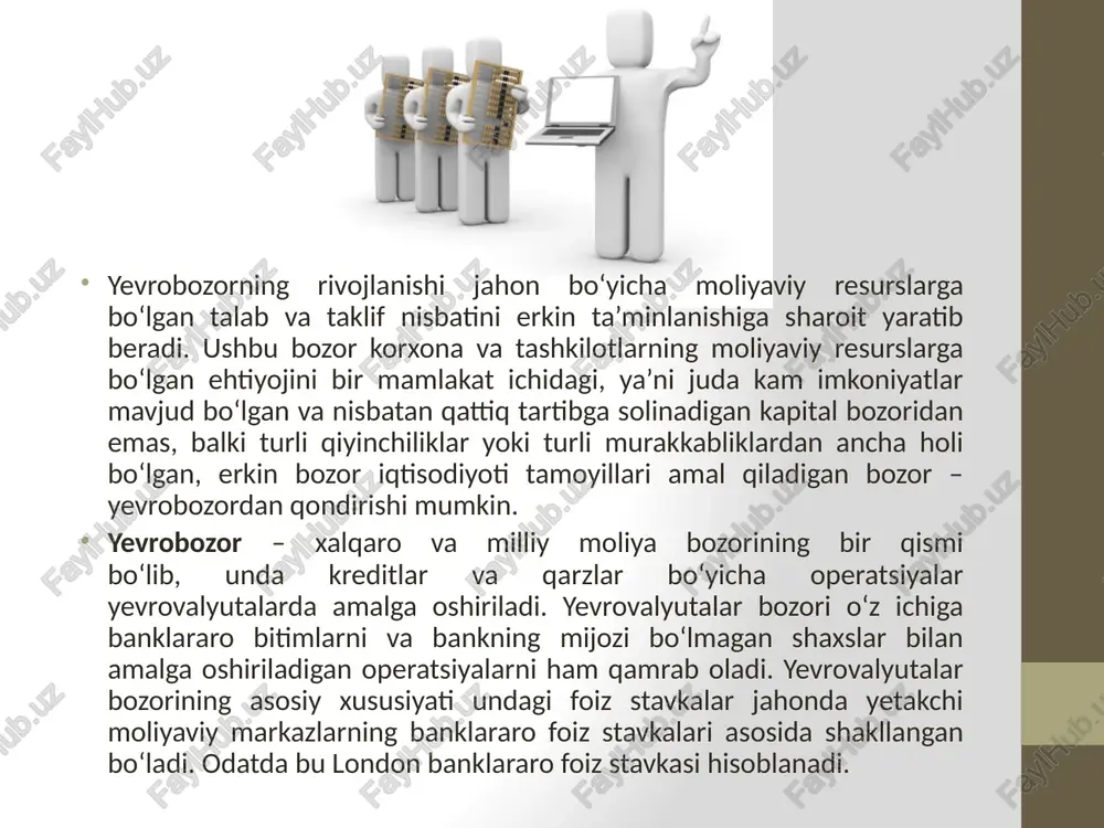 bu jarayonni boshqargani uchun komisson to‘lovlar oladi yoki kredit foiziga bank o‘z spredini qo‘shadi. yevrokreditlarni olish juda qulay va tez amalga oshiriladi hamda ushbu kreditlarni uzoq muddat davomida so‘ndirishga imkon beriladi. yevrobanklar mijozning to‘lov va kreditni qaytarish qobiliyatini, kredit tarixini o‘rgangan holda turli shakldagi muzokaralar natijasida ssuda shartlari to‘g‘risidagi yozma shartnoma asosida o‘z mijoziga yevrokreditlarni taqdim etishadi. foiz stavkaning o‘zgarishi natijasida yuzaga keladigan zararlarni oldini olish maqsadida banklar qisqa muddatli yevrokreditlar bozorida turli ko‘rinishdagi moliyaviy operatsiyalarni amalga oshiradilar. o‘rta va uzoq muddatli yevrokreditlar odatda stend-bay va qayta yangilanish (rollover) shartlari asosida taqdim etiladi. birinchi holatda bank qarz oluvchiga shartnomada kelishilgan summani turli qisqa (3, 6, 9, 12 oylik) muddatlar bo‘yicha alohidaalohida taqdim etish majburiyatini oladi. shartnomada belgilangan har bir muddat bo‘yicha kredit foizi ham alohida-alohida, yevrovalyuta bozoridagi asosiy suzuvchi foiz stavkalar (masalan libor)ning o‘zgarishini inobatga olgan holda ko‘rib chiqiladi. bu esa, yevrobanklarga o‘rta va uzoq muddatli kreditlarni qisqa muddatli resurslardan …