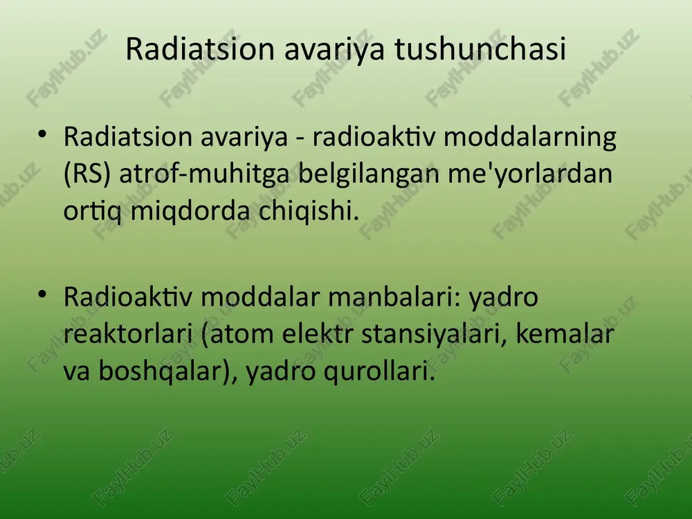 atsiya - teri, kiyim-kechak, poyabzal va shaxsiy himoya vositalaridan rvni supurish, silkitish, ishqalash, sovunli suv yoki maxsus zararsizlantiruvchi suyuqliklar bilan yuvish orqali olib tashlash. qalqonsimon bezni radioaktiv yod ta'siridan himoya qilish uchun yod profilaktikasi (kaliy yod tabletkalari, sut bilan yodning spirtli damlamasi). profil yordami (jarohatlar, kuyishlar, psixo-emotsional reaktsiyalar va boshqalar uchun) radioaktiv ifloslanish xavfi mavjud bo'lganda radiatsiyaviy xavfsizlik choralari zararsizlantirish - ifloslangan yuzalardan, suvdan, oziq-ovqatdan va hokazolardan rsni olib tashlash, shu jumladan sanitarizatsiya. • radiometrik nazorat yod profilaktikasi radio himoya vositalaridan foydalanish (ayniqsa baxtsiz hodisalarni bartaraf etish uchun) image1.jpeg /docprops/thumbnail.jpeg