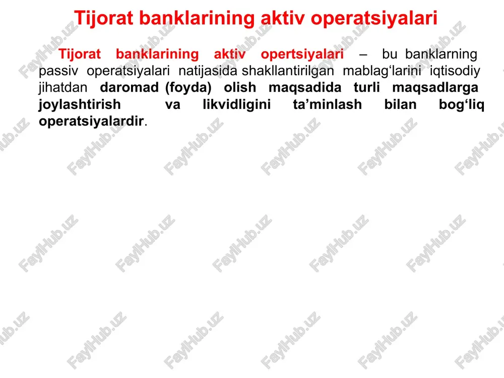 ng muddati davomida ijaraga berilgan vositalarga nisbatan egalik huquqini saqlab qolishdir. kredit – ijara (lizing) operatsiyasida odatda uch tomon ishtirok etadi: ishlab chiqaruvchi (tovar sotuvchi), bo‘lajak lizing beruvchiga tegishli mashina va jihozlarni sotuvchi yuridik shaxs; lizing beruvchi, tovar sotuvchidan mashina va jihozlarni sotib oluvchi, mulkning egasi sifatida lizing shartnomasiga asosan ma’lum muddatga va to‘lov evaziga mashina va jihozlarni lizing oluvchiga beruvchi. odatda, lizing beruvchi sifatida etarli darajada moliyaviy mablag‘ga ega bo‘lgan banklar, ixtisoslashgan lizing kompaniyalari, korxonalar maydonga chiqadi; lizing oluvchi, lizing shartnomasiga ma’lum muddat va to‘lovga asosan mashina va jihozlarni oluvchi shaxs. kontokorrent (overdarft) operatsiyalarda mijozlarning banklardagi talab qilib olinguncha saqlanadigan depozit hisobvaraqlari bo‘yicha ma’lum miqdorda debet qoldiq (overdraft) qolishiga ruxsat beriladi. albatta, bu iqtisodiy jarayon bank va mijoz o‘rtasida tegishli shartnoma asosida rasmiylashtiriladi, kontokorrent shartnomasiga binoan mijozning talab qilib olinguncha saqlanadigan depozit hisobvaraqlarida mablag‘lar mavjud bo‘lmagan holda, unga to‘lovlarni amalga oshirish uchun tegishli summani debet qoldig‘i hisobidan o‘tkazilishiga yo‘l …