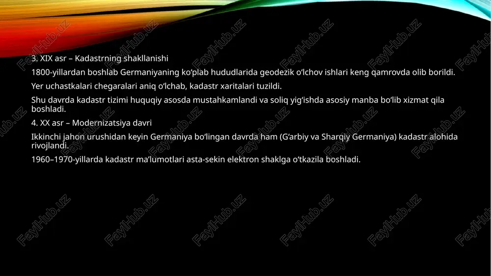 basi oʻzbekiston uchun namuna va yo‘l-yo‘riq bo‘lib xizmat qiladi. to‘liq elektron integratsiya, huquqiy va texnik uyg‘unlikka erishish orqali mamlakatimiz kadastr tizimi ham xalqaro standartlarga yaqinlashishi mumkin. . foydalanilgan adabiyotlar ro‘yxati1. adv (arbeitsgemeinschaft der vermessungsverwaltungen der länder der bundesrepublik deutschland) – alkis tizimi bo‘yicha rasmiy hujjatlar va standartlar. 2. grundbuchordnung (gbo) – germaniya yer reestri to‘g‘risidagi qonun. 3. bayerisches staatsministerium der finanzen und für heimat – germaniya kadastr va yer reestri tizimiga oid rasmiy ma’lumotlar. 4. sh. r. raxmonov, a. a. xudoyberganov – geodeziya va kadastr asoslari, toshkent, 2019. 5. o‘zbekiston respublikasi prezidentining 2019-yil 7-avgustdagi pq-4423-son qarori – “kadastr tizimini tubdan takomillashtirish chora-tadbirlari to‘g‘risida”. 6. o‘zbekiston respublikasi yer kodeksi, 1998-y. (so‘nggi o‘zgartirish va qo‘shimchalar bilan). 7. fao (food and agriculture organization) – land tenure and cadastral systems: international practices, 2020. 8. fig (international federation of surveyors) – cadastre 2014 and beyond. . ilovalar ro‘yxati ilova 1. germaniya kadastr tizimi (alkis) tuzilma …