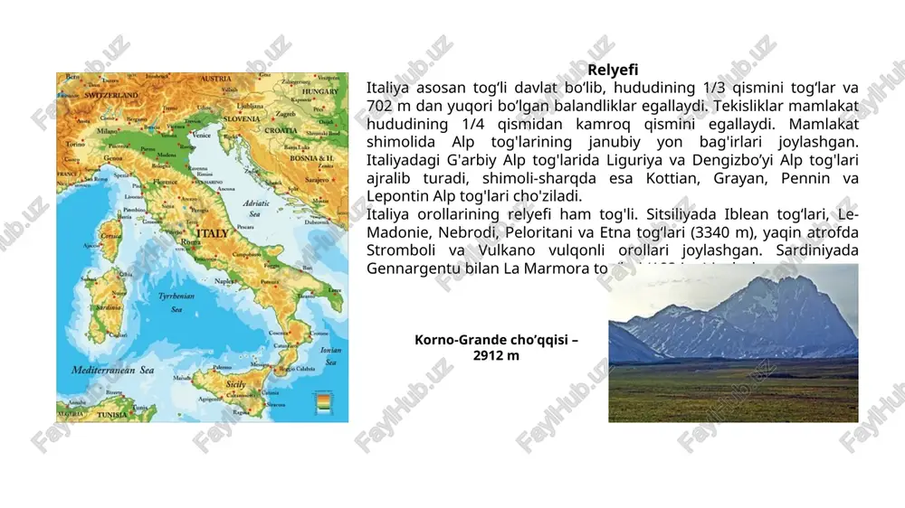 ntedison firmasiga mamlakatda ishlab chiqariladigan kimyoviy tolaning 80% i to’g’ri keladi. italiya dunyoga o’zinig brend mahsulotlari bilan mashhur. masalan moda olamida gucci, versachi, valentino, dolche gabanna, baldinini, casadei, fabiana, fabi va boshq., kosmetika olamida davines, dikson, fillip martines, muran va boshq. sanoati italiya foydali qazilmalarning asosiy turlari – ko’mir, neft va temir rudasi bilan yomon ta’minlangan. tabiiy gaz, boksit, qo’rg’oshin, oltinkukirt, simob, rux, marmar zahiralari mavjud. italiya yevropa davlatlari ichida gidro va geothermal energiya resurslarining ko’pligi bilan ajralib turadi. mamlakat energetikasi chet el neft, koks, ko’mir va tabiiy gaziga tayanadi. elektr energiyasi ishlab chiqarishda ieslar birinchi o’rinda turadi. alp tog’ etaklarida geslarning ulushi yuqori. markaziy italiyada geothermal elektr stanciyalari mavjud. mamlakat yiliga jami 289 mlrd kvt/soat elektr energiya ishlab chiqaradi va bu bbo’yicha dunyoda 19-o’rinda turadi. qora metallurgiya sanoati asosan port shaharlarda - toronto, neapol, genuya, triestya va boshq. shaharlarda rivojlangan. mamlakat rangli metallari asosan oʻzining xom ashyosi - alyuminiy, …