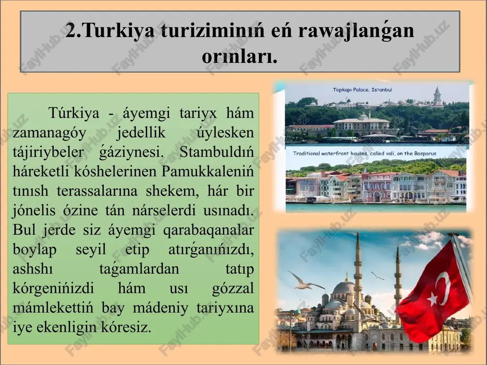 ǵan túrkiya tabıslı ósiwdi dawam ettirdi hám 2023-jılı ótken jılǵa salıstırǵanda 10% ósim menen 56,7 million xalıqaralıq keliwshilerdi qabılladı. túrkiya mádeniyat hám turizm ministrligi tárepinen járiyalanǵanınday, mámlekettiń turizmnen túsken dáramatı ótken jıldıń usı dáwirine salıstırǵanda 17 procentke artıp, 54,3 milliard dollarǵa jetti, bir kúnlik keliwshiler ushın ortasha qárejet bolsa 99 dollarǵa jetti. xalıqaralıq keliwshiler sanı hám turizmnen túsken dáramat mámlekettiń rekord kórsetkishleri sıpatında járiyalanadı. xaliqara turistlerdin keliwi (2023) xaliqara turistler keliwi (2022) mamleketler. ozgeris (2022 jildan 2023 jilgasha (%) ozgeris(2021 jildan 2022 jilgasha(%). bul kestede turkiya dunya juzinde turistler keliwler boyinsha dunyada besinshi orinda turadi. dunya mamleketleri ortasinda birinshi onliqqa kirdi. 2023-jılı dúnyanıń eń kóp keliwshi 6-mámleketi sıpatında túrkiyanıń 2023-jılı xalıqaralıq turistler arasında eń kóp keliwshi jónelisleri boyınsha ayırım statistikalıq maǵlıwmatlar: istanbul: 16 million miyman antaliya: 12,8 million miyman edirne: 4,6 million miyman mugla: 3 million miyman artvin: 1,7 million miyman izmir: 1,5 million miyman kirklareli: 632 000 keliwshi ankara: …