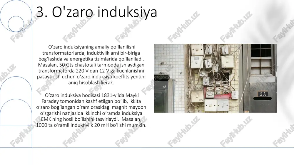 bo'ladigan induksiya toki lenz qoidasiga bo'ysunadi. lentz qoidasi magnit maydonining o'zgarishiga qarshilik ko'rsatadigan induksiya toki yo'nalishini aniqlashga yordam beradi, masalan, 20 amperlik tok o'tayotgan 5 sm diametrli halqaga 10 tesla kuchga ega magnit yaqinlashganda, tokning yo'nalishi lenz qoidasi bilan aniqlanadi. magnit maydon hosil bo‘lishi va manbalari to‘g‘ri o‘tkazgichdagi tok magnit maydon hosil qiladi. halqa yoki spiral o‘tkazgich (solenoid) magnit maydonni kuchaytiradi. yerning o‘zi ham magnit maydon hosil qiladi. magnit maydon haqida eslab qolish kerak bo‘lganlar: magnit maydon harakatdagi zaryad tufayli paydo bo‘ladi. tok ortsa — magnit maydon kuchayadi. maydon kuchi masofa ortgani sayin kamayadi. solenoid ichidagi magnit maydon bir tekis va kuchli bo‘ladi. lorens kuchi zaryadning yo‘nalishini egiltiradi. 🔹 1. magnit induksiya (b) – to‘g‘ri chiziqli tokli o‘tkazgich atrofida to‘g‘ri chiziqli tokli o‘tkazgich atrofidagi magnit induksiya quyidagicha aniqlanadi: b = \frac{\mu_0 i}{2\pi r} bu yerda: — magnit induksiya (tesla, t), — vakuumning magnit doimiyligi ( h/m), — o‘tkazgichdagi tok kuchi …