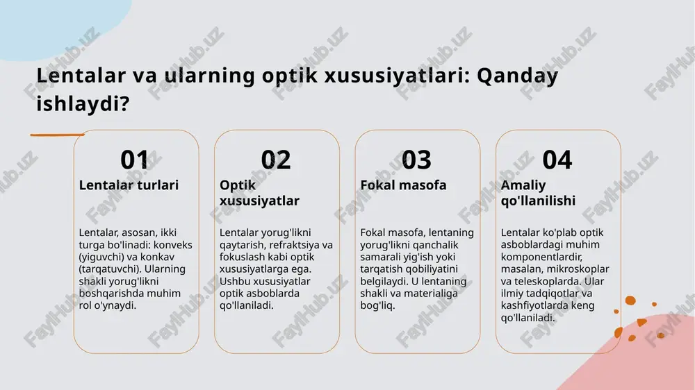 iga xos qo'llanilishi va afzalliklariga ega. 03 ilmiy tadqiqotdagi ahamiyati mikroskoplar biologiya, tibbiyot va materialshunoslikda muhim rol o'ynaydi. ular kichik strukturalarni o'rganish va yangi kashfiyotlarni amalga oshirishda yordam beradi. teleskoplar: osmonni o'rganish va kashfiyotlar 1 teleskopning tarixi - teleskoplar 17-asrda yaratildi. galiyleo galilei, birinchi teleskopni ishlab chiqdi, bu astronomiya tarixida inqilobiy o'zgarishlarni keltirdi. 2 teleskop turlari - teleskoplar refraktoriya va reflektoriya turlariga bo'linadi. refraktoriya lentalar yordamida, reflektoriya esa mirroqlar yordamida ishlaydi. 3 astronomik kashfiyotlar - teleskoplar orqali ko'plab kashfiyotlar amalga oshirildi: yupiterning oylari, saturn halqalari va boshqa galaktikalar haqida ma'lumotlar olindi. 4 o'zbekistonda teleskoplar - o'zbekistonda teleskoplar zamonaviy tadqiqotlar uchun ishlatiladi. astronomlar, teleskoplar yordamida osmonni o'rganish va yangi yulduzlarni kashf etishmoqda. optik asboblar va zamonaviy tadqiqotlar: o'zbekiston hissasi o'zbekiston ilmiy yutuqlari o'zbekiston, optika sohasida, ko'plab tadqiqotlar olib borib, yangi optik asboblarni yaratishda muhim hissalar qo'shdi. innovatsion asboblar zamonaviy optik asboblar, o'zbekistonda ishlab chiqilgan innovatsion texnologiyalar bilan mustahkamlanmoqda, bu esa ilmiy …