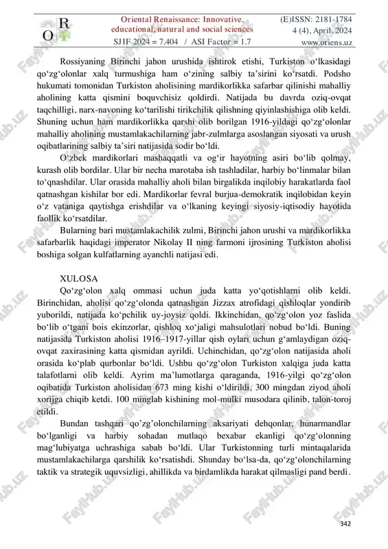 dagi ma’muriyatning qilmishlariga javob berishni so‘rab, so‘rovnoma jo‘natdi. g‘alayonlar vahshiylik bilan bostirilgach, hukumat 15- sentabrdan farmon ijrosiga kirishdi va o‘lkadan 123300 kishi mardikorlikka safarbar etildi. bunday sharoitda turkiston ma’rifatparvarlari uzoq sovuq yurtlarga noma’lum muddatga zo‘rlab olib ketilayotgan xalq azoblarini yengillatishga urinib, maxsus qo‘mitalar tuzdi. bu qo‘mitalar faoliyati natijasida safarbar etilayotganlarga halol ovqat tayyorlash uchun oshpaz, ibodat uchun imom, maktublar yozish uchun mirzalar biriktirildi, issiq kiyimlar to‘plandi. safarbar etilganlarning juda ko‘pchiligi mehnatga yaroqsiz bo‘lsa-da, ular majburan jo‘natilgan edi. ulardan eng og‘ir ishlarda, arzimagan haq evaziga foydalandilar. rossiyaning qahraton qish iqlimida ust-boshi yupun, qorni och, sog‘lig‘i og‘irlashgan, oddiy haq-huquqdan mahrum mardikorlar og‘ir jismoniy mehnatdan, tibbiy yordam, zarur sharoit yo‘qligi tufayli yoppasiga kasallanib, ochlikdan, sovuqdan azob chekdi. ularning shikoyat va arz-dodlarga to‘la maktublarida qayd etishicha, ishga olinganlarga qattiq turma rejimi o‘rnatilgan. qarindoshlar bilan uchrashtirilmagan, arzimas gunoh uchun kaltaklangan, ular doimiy sur’atda soqchilar nazoratida bo‘lgan. ishchilar hayot sharoitlari chidab bo‘lmas darajada og‘ir bo‘lib, ular …