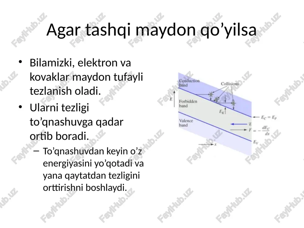 atsiyalanmagan materialda asosiy zaryad tashuvchilarning muhim hususiyatlari. n-tipli materialda, the kovaklar faqat vallent zonada harakatlana oladi. agar material kompetsatsiyalangan bo’lsa kovak harakatchanligiga faqat akseptor kirishma konsentratsiyasi salbiy ta’sir ko’rsatadi. elektron harakatchanligiga faqat donor kirishma konsentratsiyasi salbiy ta’sir ko’rsatadi. ammo haligacha ionda sochilish mavjud va ikkala turdagi zaryad tashuvchiga ham salbiy ta’sir ko’rsatadi. kompetsatsiyalanmagan gaas (minority carrier data not available) kompetsatsiyalanmagan ge (minority carrier data not available) xulosa agar kirishma miqdori ortmasa, asosiy va noasosiy zaryad tashuvchilarning harakatchanligi bir-biriga yaqinlashadi. agar kirishma konsentratsiyasi ortsa, asosiy zaryad tashuvchilarga ko’proq salbiy ta’sir ko’rsatadi, chunki kirishma sohasi faqat asosiy zaryad tashuvchilarga salbiy ta’sir ko’rsatadi. zaryad tashuvchilar harakatchanligini temperaturaga bog’liqligi harakatchanlik temperaturaga ta’sirchan oldinroq temperature ortishi bilan fonon sochilishini ortishi haqida aytdim. temperatura ortsa kristal panjara tebranishi ortadi ko’proq fonon hosil bo’lishiga sabab bo’ladi. ko’plab fonon sochilishini hosil qiladi. xulosa yuqori temperaturalarda fonon sochilishi asosiy past temperaturalarda ionda sochilish asosi bo’ladi kuchli maydon ta’siri (harakatchanlikka) …