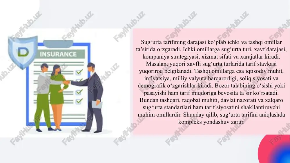 urta tarifi sug‘urta tizimining iqtisodiy asosini tashkil etadi va uning to‘g‘ri shakllanishi kompaniya faoliyatining samaradorligiga bevosita ta’sir qiladi. tarifni belgilash jarayonida xavf darajasi, iqtisodiy muhit, inflyatsiya, raqobat muhiti va demografik omillarni inobatga olish zarur. shuningdek, tarif siyosatini ishlab chiqishda ilmiy asoslangan yondashuv va xalqaro tajribani qo‘llash sug‘urta xizmatlari sifatini oshiradi. bugungi kunda raqamli texnologiyalarni joriy etish, ma’lumotlar tahlilini kuchaytirish va normativ-huquqiy bazani takomillashtirish sug‘urta tariflarini yanada adolatli va moslashuvchan qilish imkonini beradi. shunday qilib, sug‘urta tarifiga ta’sir etuvchi omillarni chuqur o‘rganish nafaqat sug‘urta kompaniyalari barqarorligini, balki butun mamlakat iqtisodiyotining moliyaviy xavfsizligini ta’minlaydi. e’tiboringiz uchun rahmat image1.png image2.png image3.png image5.png image6.png image7.png image8.png image9.png image10.png image11.png /docprops/thumbnail.jpeg