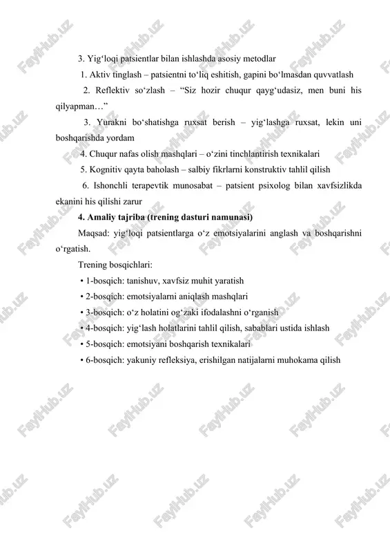 isorders (dsm-5-tr). — washington, dc: apa, 2022. 2. o‘zbekiston respublikasi sog‘liqni saqlash vazirligi. “psixologik yordam ko‘rsatish bo‘yicha metodik tavsiyalar”. — toshkent, 2020. 3. xusanova n.a., eshonqulova g.g. “psixologiya asoslari”. — toshkent: o‘zbekiston nashriyoti, 2021. 4. to‘xtasinova z.r. “psixoterapiya amaliyoti”. — toshkent: yangi asr avlodi, 2019. 5. sharipova m. “psixologik maslahat va korreksiya asoslari”. — toshkent, 2022.