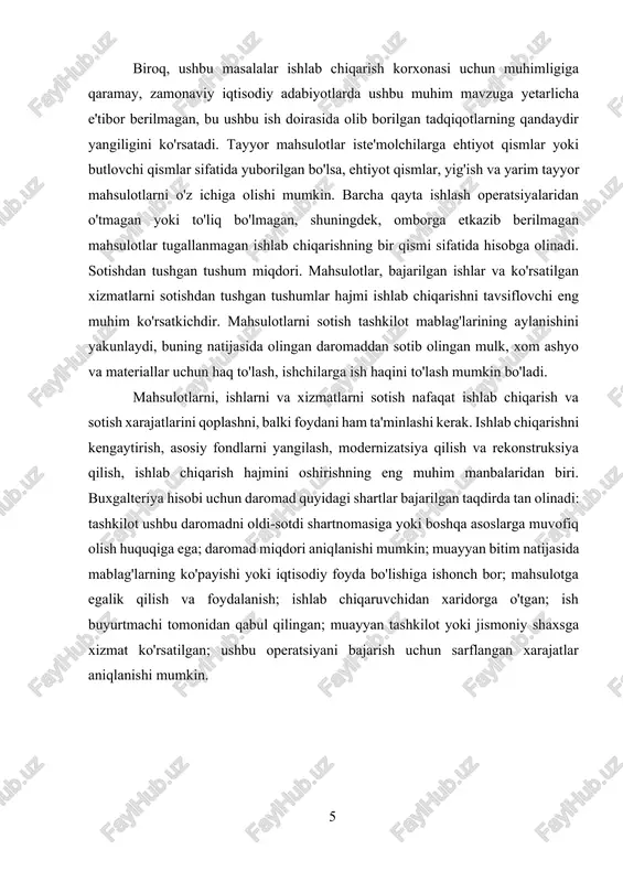 materiallar uchun haq to'lash, ishchilarga ish haqini to'lash mumkin bo'ladi. mahsulotlarni, ishlarni va xizmatlarni sotish nafaqat ishlab chiqarish va sotish xarajatlarini qoplashni, balki foydani ham ta'minlashi kerak. ishlab chiqarishni kengaytirish, asosiy fondlarni yangilash, modernizatsiya qilish va rekonstruksiya qilish, ishlab chiqarish hajmini oshirishning eng muhim manbalaridan biri. buxgalteriya hisobi uchun daromad quyidagi shartlar bajarilgan taqdirda tan olinadi: tashkilot ushbu daromadni oldi-sotdi shartnomasiga yoki boshqa asoslarga muvofiq olish huquqiga ega; daromad miqdori aniqlanishi mumkin; muayyan bitim natijasida mablag'larning ko'payishi yoki iqtisodiy foyda bo'lishiga ishonch bor; mahsulotga egalik qilish va foydalanish; ishlab chiqaruvchidan xaridorga o'tgan; ish buyurtmachi tomonidan qabul qilingan; muayyan tashkilot yoki jismoniy shaxsga xizmat ko'rsatilgan; ushbu operatsiyani bajarish uchun sarflangan xarajatlar aniqlanishi mumkin. i–bob. tayyor mahsulot hisobi. 1.1. tayyor mahsulot haqida tushuncha va uning hisobini tashkil etish. o’zbekistonda amalga oshirilayotgan iqtisodiy islohotlarning hozirgi bosqichida mamlakat ishlab chiqaruvchilarini davlat tomonidan qo’llab-quvvatlash borasida ko’pgina chora-tadbirlar amalga oshirilmoqda. “tovar-moddiy zaxiralar” nomli 4-son bhmsga muvofiq …