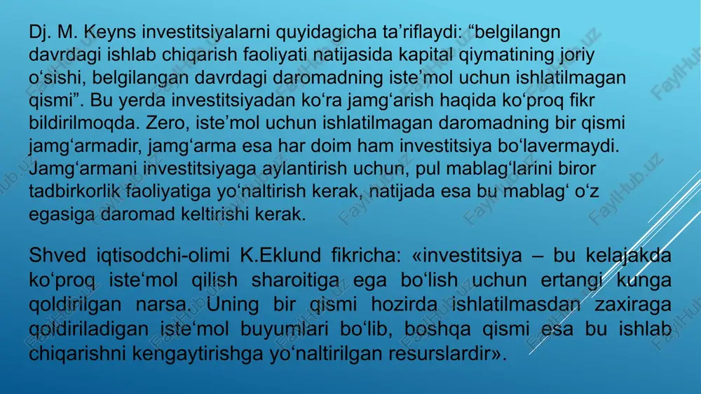 mlasiga quyidagilar kiradi: pul mablag‘lari (shu jumladan chet el valyutasi) va boshqa moliyaviy mablag‘lar, shu jumladan kreditlar, paylar, ulushlar, aksiyalar va boshqa qimmatli qog‘ozlar; ko‘char va ko‘chmas mol-mulk (binolar, inshootlar, uskunalar, mashinalar va boshqa moddiy qimmatliklar) hamda ularga bo‘lgan huquqlar; intellektual mulk obyektlari, shu jumladan u yoki bu turdagi ishlab chiqarish turini tashkil etish uchun zarur bo‘lgan, texnik hujjatlar, ko‘nikmalar va ishlab chiqarish tajribasi tarzida rasmiylashtirilgan, patentlangan yoki patentlanmagan (nou-xau) texnik, texnologik, tijoratga oid va boshqa bilimlar; yer uchastkalariga va boshqa tabiiy resurslarga egalik qilish hamda ulardan foydalanish huquqi, shuningdek mulk huquqlaridan kelib chiquvchi boshqa ashyoviy huquqlar. markazlashtirilmagan investitsiyalarning manbalari quyidagilardan iborat: investorning shaxsiy mablag‘lari; o‘zbekiston respublikasining kafolatisiz olingan, shu jumladan chet el banklaridan olingan bank kreditlari; to‘g‘ridan to‘g‘ri chet el investitsiyalari. markazlashtirilmagan investitsiyalar qonunchilikka zid bo‘lmagan boshqa manbalardan ham amalga oshirilishi mumkin. markazlashtirilmagan investitsiyalarni boshqarish investor tomonidan mustaqil ravishda amalga oshiriladi. investorning huquqlari o‘zbekiston respublikasining qonunchiligiga zid bo‘lmagan investitsiya …