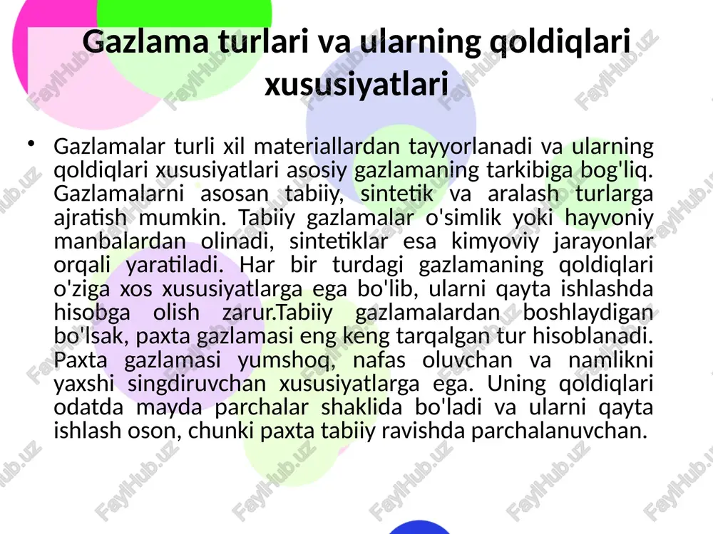 aklari va pardalar ham qoldiq bezaklar bilan boyitiladi. misol uchun, stol ro'molini tayyorlashda mozaika usuli qo'llaniladi: mayda bo'laklarni tikib, chetlarini applikatsiya bilan bezash. xulosa gazlama qoldiqlari tekstil sanoatida chiqindilarni kamaytirish va resurslarni samarali ishlatishda muhim rol o'ynaydi. ular qayta ishlanib, yangi mahsulotlar (masalan, sumka, kiyim-kechak, dekorativ buyumlar) ishlab chiqarishda ishlatilishi mumkin, bu esa xarajatlarni kamaytiradi va atrof-muhitga zarar yetkazmaydi. ijodiy yondashuv orqali bu qoldiqlar noyob dizaynlarga aylantirilib, bozor raqobatbardoshligini oshiradi va kichik bizneslar uchun daromad manbai bo'ladi. “bezak” namunaları o‘zbek milliy hunarmandchiligida muhim o‘rin tutadi, chunki ular an’anaviy naqsh va uslublarni zamonaviy dizayn bilan uyg‘unlashtiradi. gazlama qoldiqlaridan tayyorlangan bezak buyumlari (masalan, ko‘rpacha, yostiq jildlari, devor bezaklari) milliy madaniyatni targ‘ib qiladi va hunarmandchilikni global bozorda ommalashtirishga xizmat qiladi. foydalanilgan adabiyotlar jo‘rayev a. tikuvchilik asoslari. – toshkent: o‘qituvchi, 2020. qodirova d. dizayn va bezak san’ati. – toshkent: san’at, 2021. karimova g. gazlama turlari va ularni qayta ishlash. – toshkent: yangi asr avlodi, …