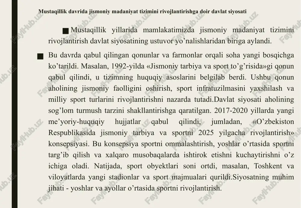 (ayollar uchun) maxsus testlari orqali belgilangan. ushbu testlar yosh toifalariga bo’lingan holda yiliga ikki marta – tayyorgarlik va natija aniqlash bosqichlarida o’tkaziladi. yuqori yosh guruhlarida (26-33, 34-41, 42-49, 50-59, 60-69, 70+) me’yorlar soddalashtirilgan: qisqa masofalar, yurish, engil og’irliklar, kamroq takrorlar. masalan, 70+ yoshdagilar uchun 30 metr yugurish 11,0-9,5 soniya, skandinavcha yurish 3 km, engil gantel ko’tarish 3-8 marta. har bir guruhda gigiyena, mashqlar va o’zini nazorat qilish bo’yicha bilimlar talab etiladi.ushbu me’yorlar mahalla, tuman, viloyat va respublika miqyosida musobaqalar tarzida o’tkaziladi. g’oliblar iii, ii va i darajali ko’krak nishonlari bilan taqdirlanadi. misol tariqasida, viloyat miqyosidagi musobaqalarda yuzlab ishtirokchilar qatnashib, natijalar maxsus veb-saytlarda e’lon qilinadi. sportchilarning malaka darajalari va normativ talablar tizimi sportchilarning malaka darajalari va normativ talablar tizimi o’zbekiston respublikasida jismoniy tarbiya va sport mutaxassislarini qayta tayyorlash va malakasini oshirish orqali tartibga solinadi. tizim jismoniy tarbiya va sport bo’yicha mutaxassislarni qayta tayyorlash va malakasini oshirish instituti va uning filiallarida amalga …