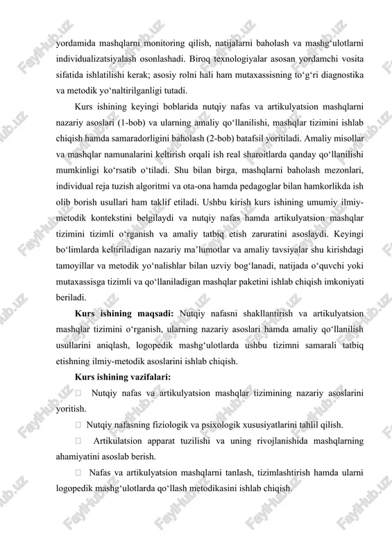 an to‘g‘ri shakllanishini ham ta’minlaydi. oddiy nafas olish va nutqiy nafas o‘zaro farqli jarayonlardir. oddiy nafas olishda inson avtomatik ravishda, fiziologik ehtiyoj asosida havoni yutadi va chiqaradi. nutqiy nafasda esa bu jarayon ongli ravishda boshqariladi, ya’ni inson havoni ma’lum bir miqdorda yutib, uni so‘z, gap yoki butun bir iborani talaffuz qilish davomida asta-sekin chiqaradi. nutqiy nafasning asosiy mohiyati shundaki, u nafaqat nutq uchun zarur bo‘lgan havo oqimini hosil qiladi, balki nutqning davomiyligi, balandligi va ifodadorligini ham boshqaradi. agar nutqiy nafas to‘g‘ri shakllanmagan bo‘lsa, inson tez charchaydi, so‘zlar orasida havo yetishmasligi sababli pauzalar ko‘payadi, nutqning tabiiy ohangi buziladi. shu sababli logopedik amaliyotda nutqiy nafasni shakllantirish eng dastlabki va zarur bosqichlardan biri hisoblanadi. nutqiy nafas jarayonida asosan uchta bosqich ajratiladi: nafas olish (inspiratsiya), havo chiqarish (ekspiratsiya) va pauza. oddiy nafasda bu bosqichlar teng bo‘lishi mumkin, biroq nutqiy nafasda havo chiqarish bosqichi ancha cho‘ziladi, chunki nutq jarayonida havo asta-sekin, ritmik tarzda sarflanadi. bu …