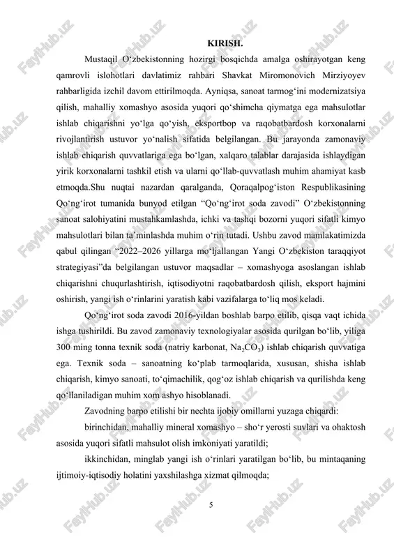 qilgan va amaliyotga tatbiq etilayotgan “yangi o‘zbekiston taraqqiyot strategiyasi – 2022–2026 yillar”da sanoat tarmoqlarini modernizatsiya qilish, zamonaviy ishlab chiqarish quvvatlarini tashkil etish, hamda hududlarda yirik investitsion loyihalarni amalga oshirish asosiy ustuvor vazifalar qatoriga kiritilgan. shuningdek, ushbu zavodning ishga tushirilishi respublikamizda texnik soda importiga bo‘lgan ehtiyojni kamaytirish, valyuta iqtisodini ta’minlash va tashqi bozorlar uchun raqobatbardosh mahsulot yetkazib berish imkonini yaratdi. ayni paytda qo‘ng‘irot soda zavodi yiliga 300 ming tonna texnik soda ishlab chiqarish quvvatiga ega bo‘lib, bu ko‘rsatkich yildan-yilga oshib bormoqda. hozirda “qo‘ng‘irot soda zavodi” mchj qo‘shma korxonasining bosh direktori lavozimida shuxrat toremuratovich shamuratov faoliyat yuritmoqda. u 2025 yil 30 yanvardan boshlab ushbu lavozimga tayinlangan. tayinlovdan oldin u zavodning bosh direktorining ishlab chiqarish masalalari bo‘yicha o‘rinbosari sifatida ishlagan.avvalroq, 2024 yil sentabr oyida, zavodning avvalgi direktori jahongir ibodullayevich mustafayev qoraqalpog‘iston respublikasida xizmat ko‘rsatgan sanoat xodimi unvoni bilan taqdirlangan edi. mavzuning dolzarbligi va ahamiyati: soda ishlab chiqarishning ammiakli usulida havodan karbonat angidrid (co₂) …